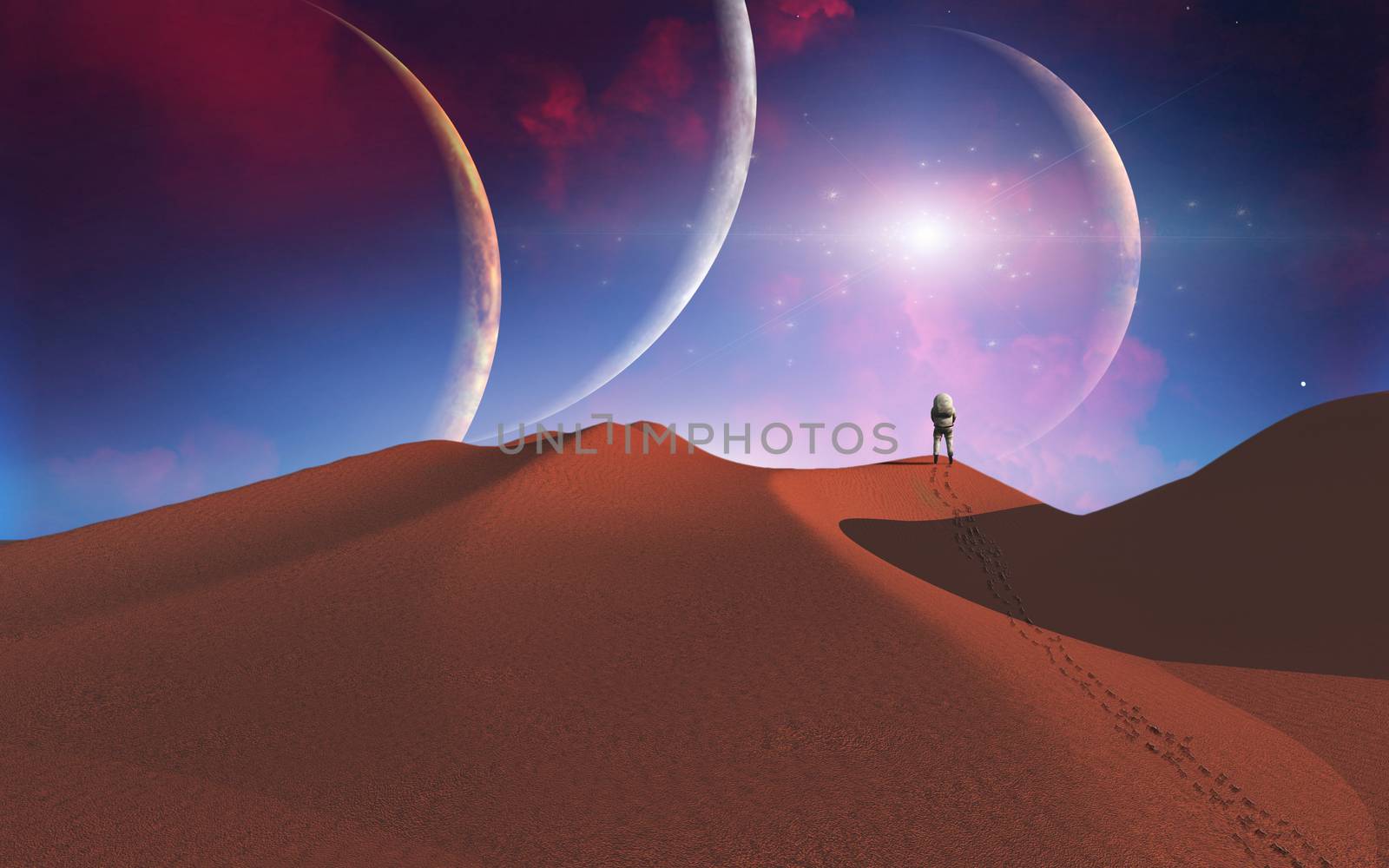 Astronaut on another red planet. 3D rendering