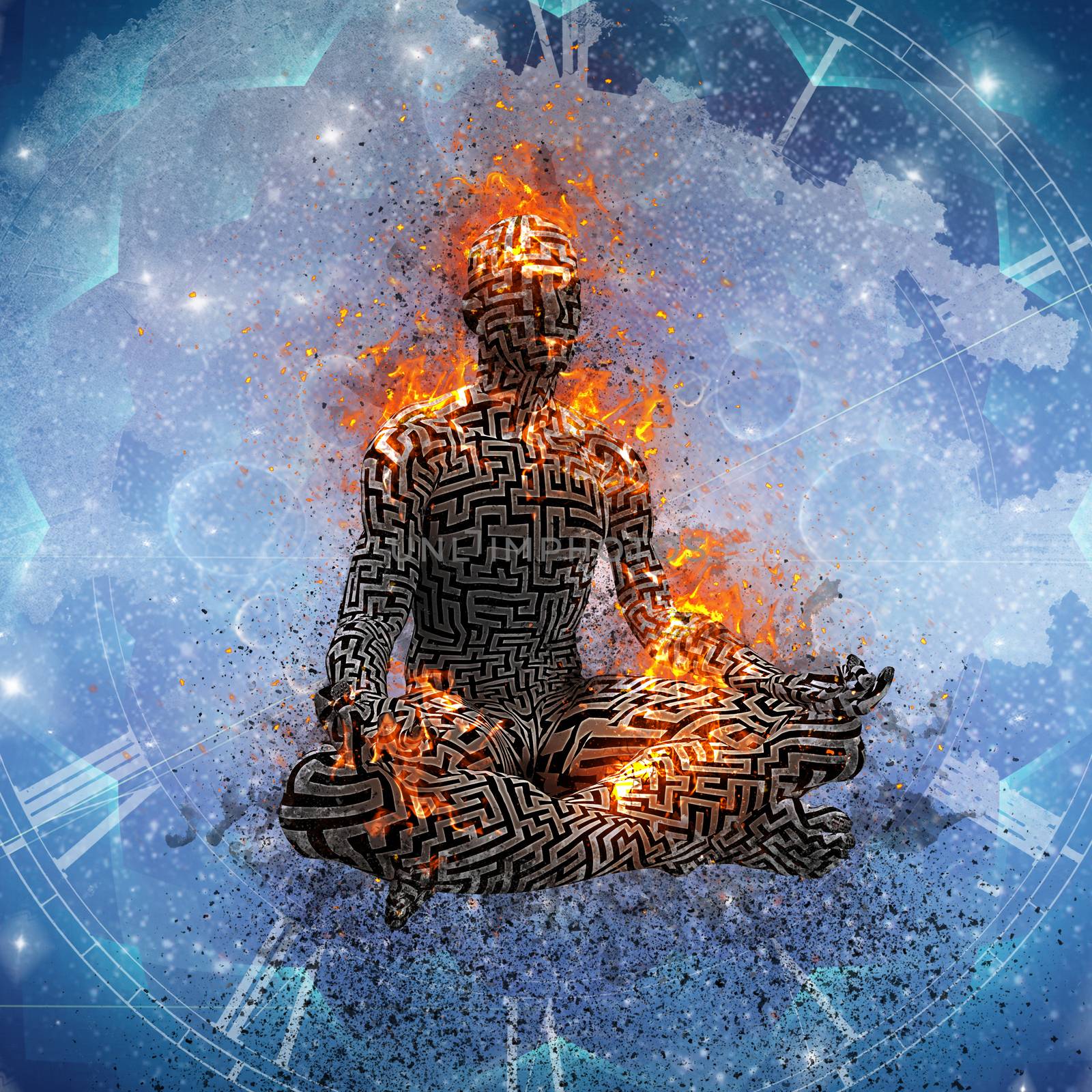 Flaming meditation. Man in lotus pose. 3D rendering