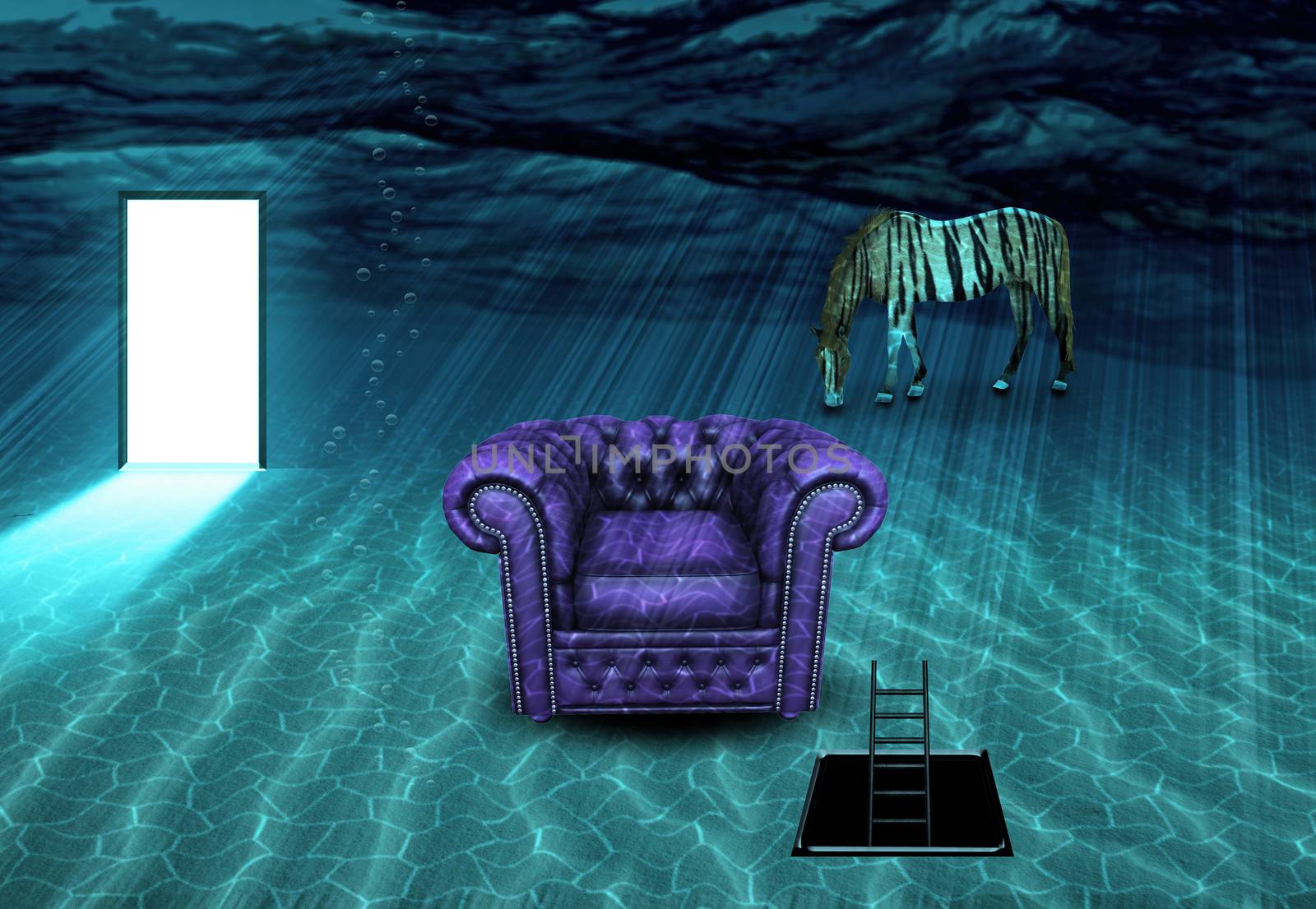 Surreal underwater scene. Striped horse and armchair. 3D rendering