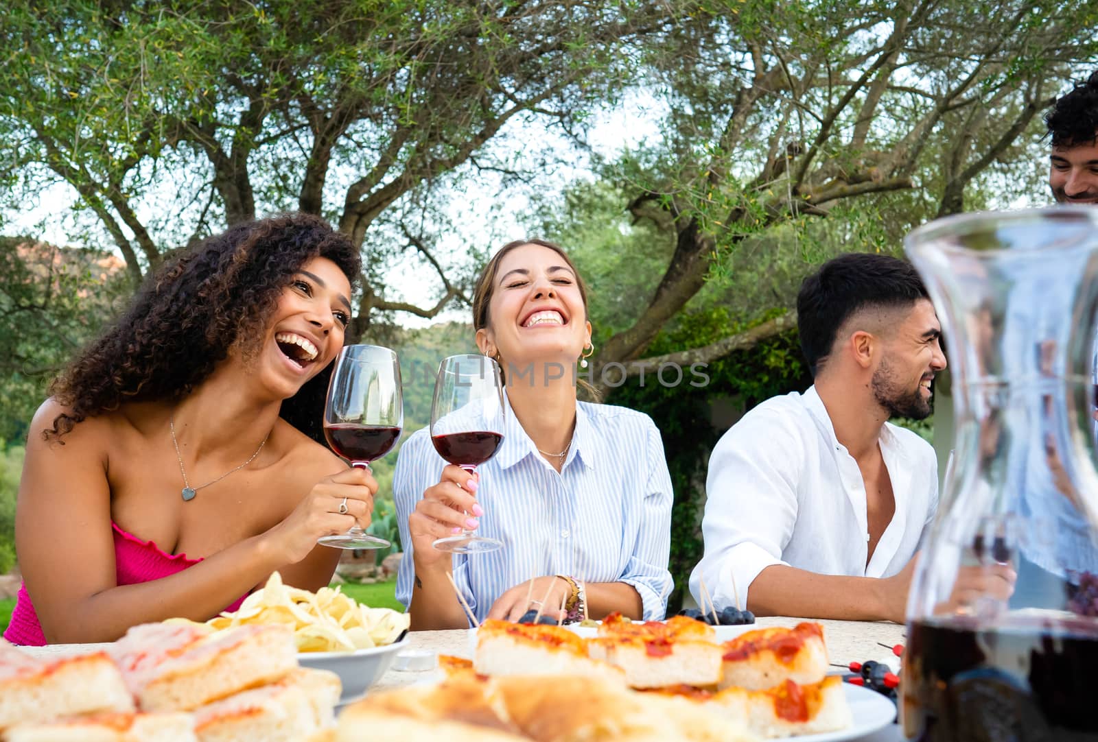 Mixed group of young happy friends celebrating outdoor with snacks and alcoholic drinks - Selective focus on the two cute smiling young hispanic and caucasian women toasting with red wine by robbyfontanesi