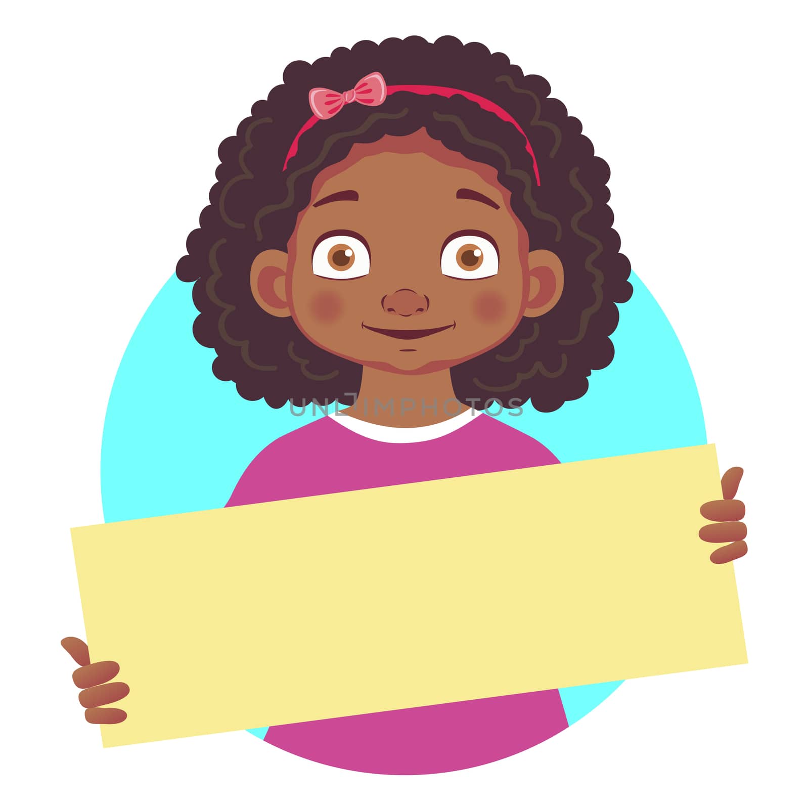 African or Afro-American girl holding blank poster. Blank message illustration. Hands holding blank paper