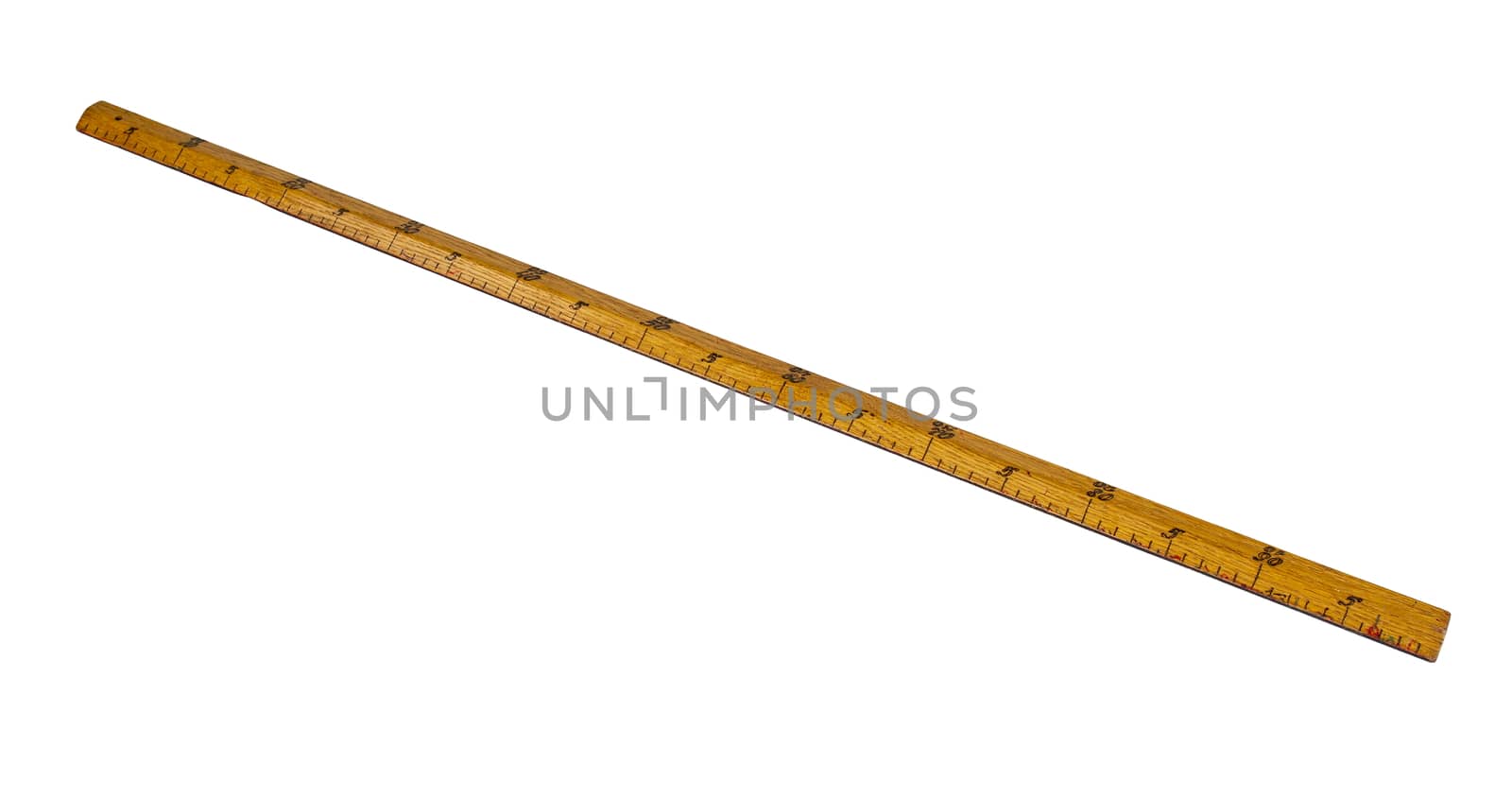 wooden meter ruler Handmade on a white background isolated.