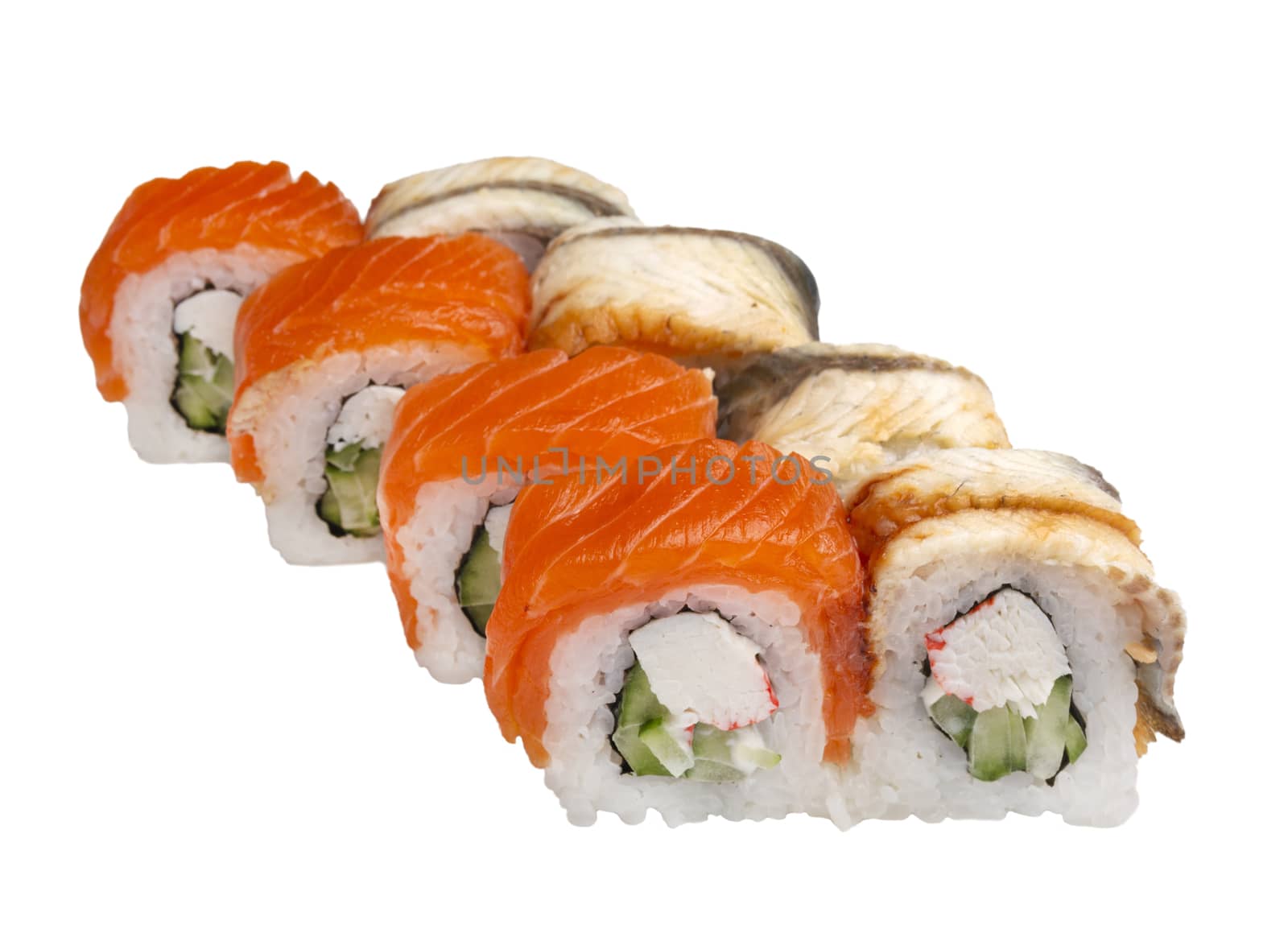 Sushi set on a white plate. Isolated on a white background.