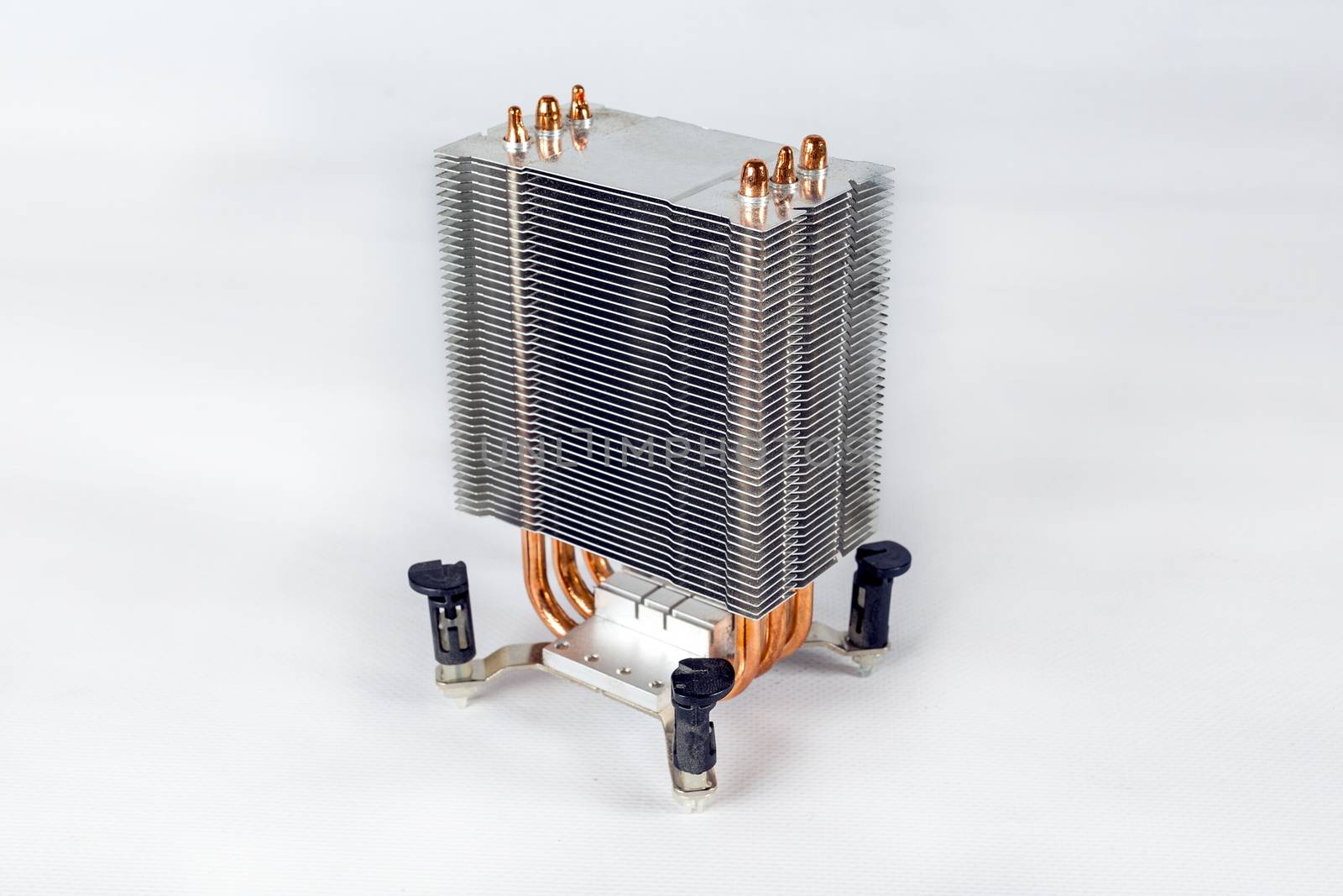 tower-type cpu cooler with copper heatpipes isolated on white background - side view