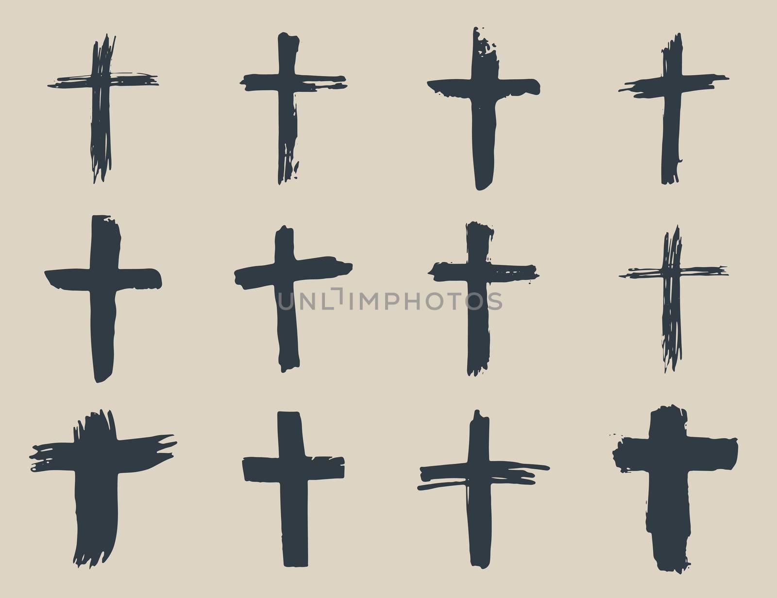 Grunge hand drawn cross symbols set. Christian crosses, religious signs icons, crucifix symbol vector illustration