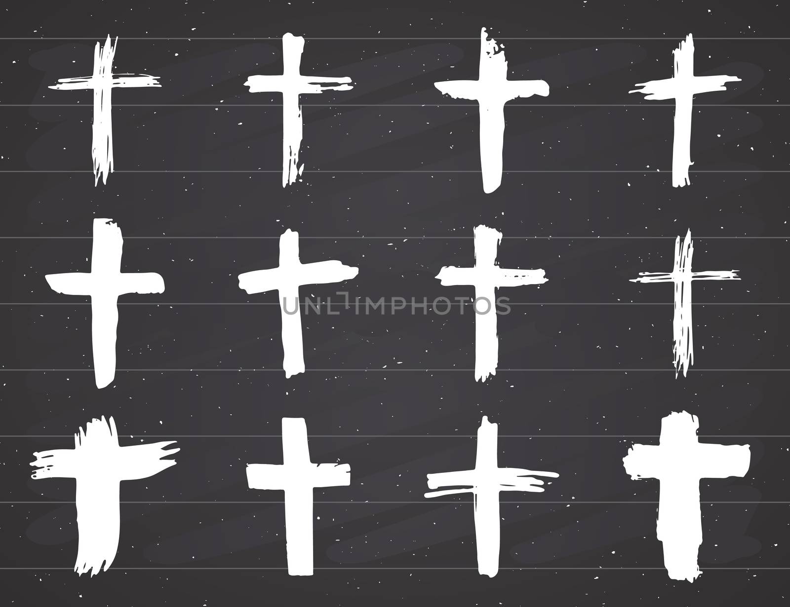 Grunge hand drawn cross symbols set. Christian crosses, religious signs icons, crucifix symbol vector illustration on chalkboard background