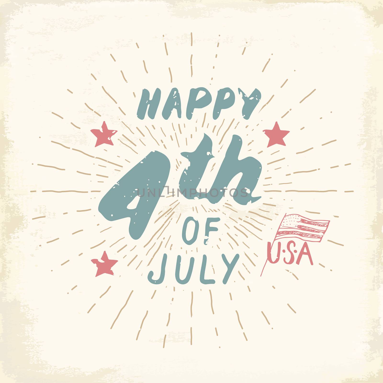 Happy Independence Day, fourth of july, Vintage USA greeting card, United States of America celebration. Hand lettering, american holiday grunge textured retro design vector illustration. by Lemon_workshop