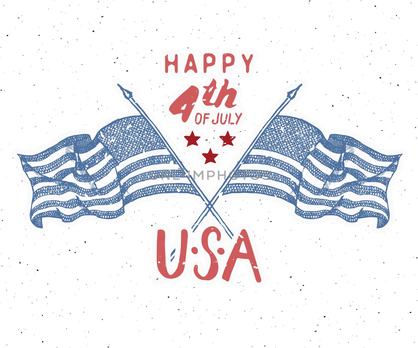 Happy Independence Day, fourth of july, Vintage greeting card wirh USA flags, United States of America celebration. Hand lettering, american holiday grunge textured retro design vector illustration. by Lemon_workshop