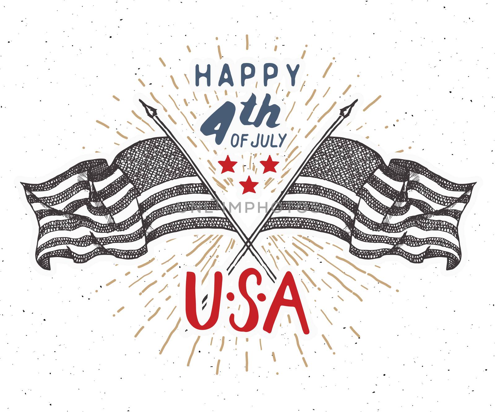 Happy Independence Day, fourth of july, Vintage greeting card wirh USA flags, United States of America celebration. Hand lettering, american holiday grunge textured retro design vector illustration