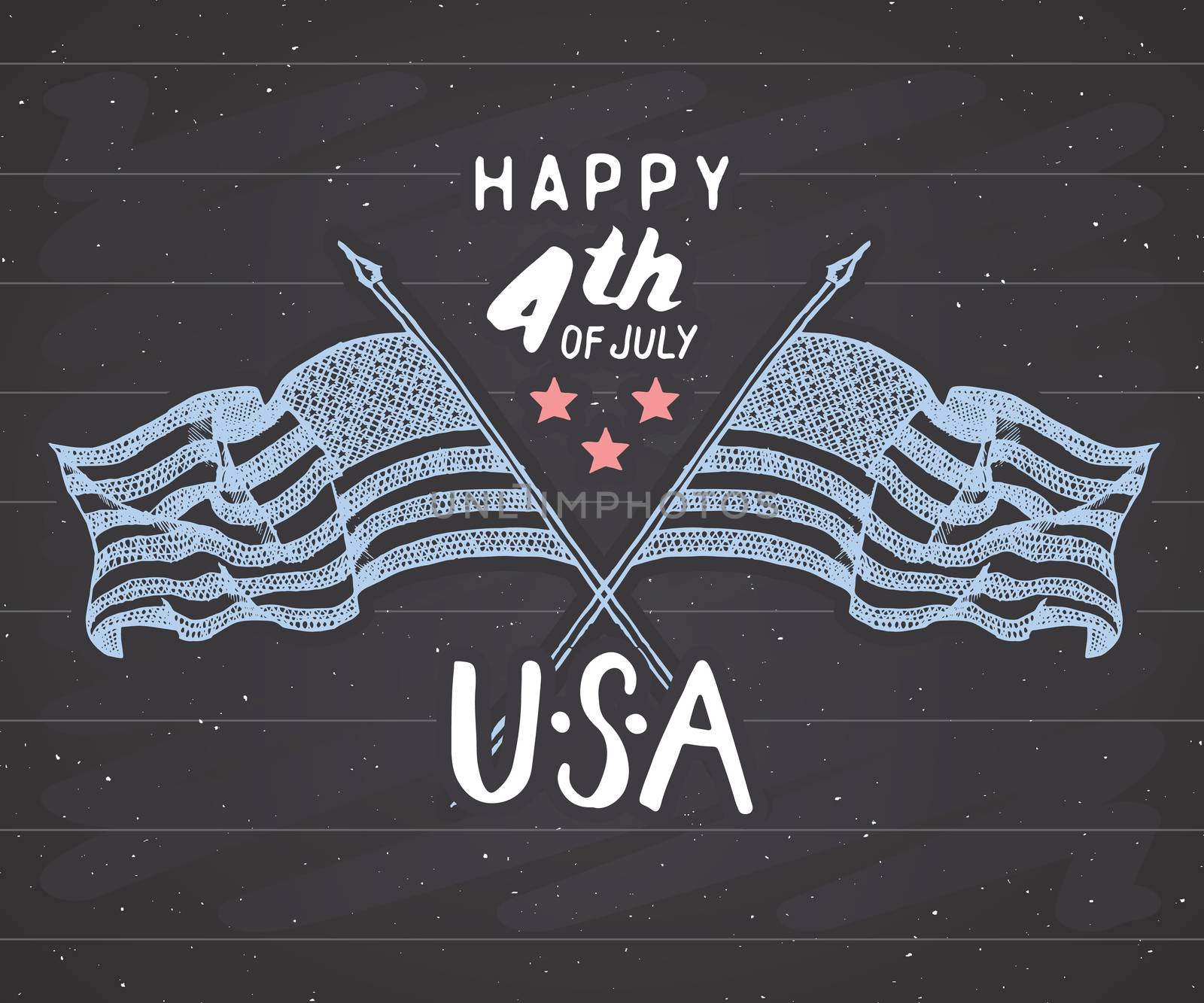 Happy Independence Day, fourth of july, Vintage greeting card wirh USA flags, United States of America celebration. Hand lettering, american holiday retro design vector illustration on chalkboard. by Lemon_workshop