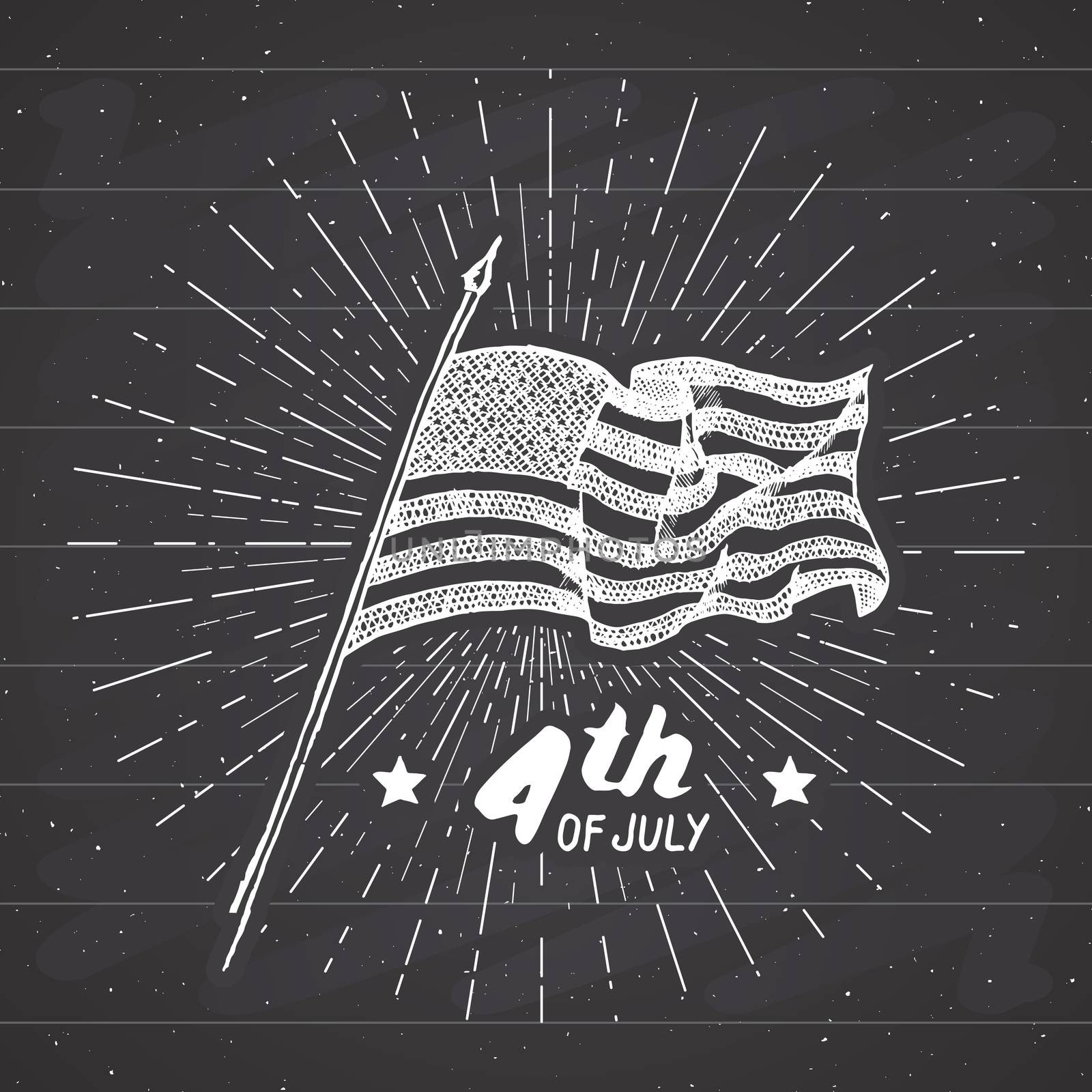 Vintage label, Hand drawn USA flag, Happy Independence Day, fourth of july celebration, greeting card, grunge textured retro badge, typography design vector illustration on chalkboard.