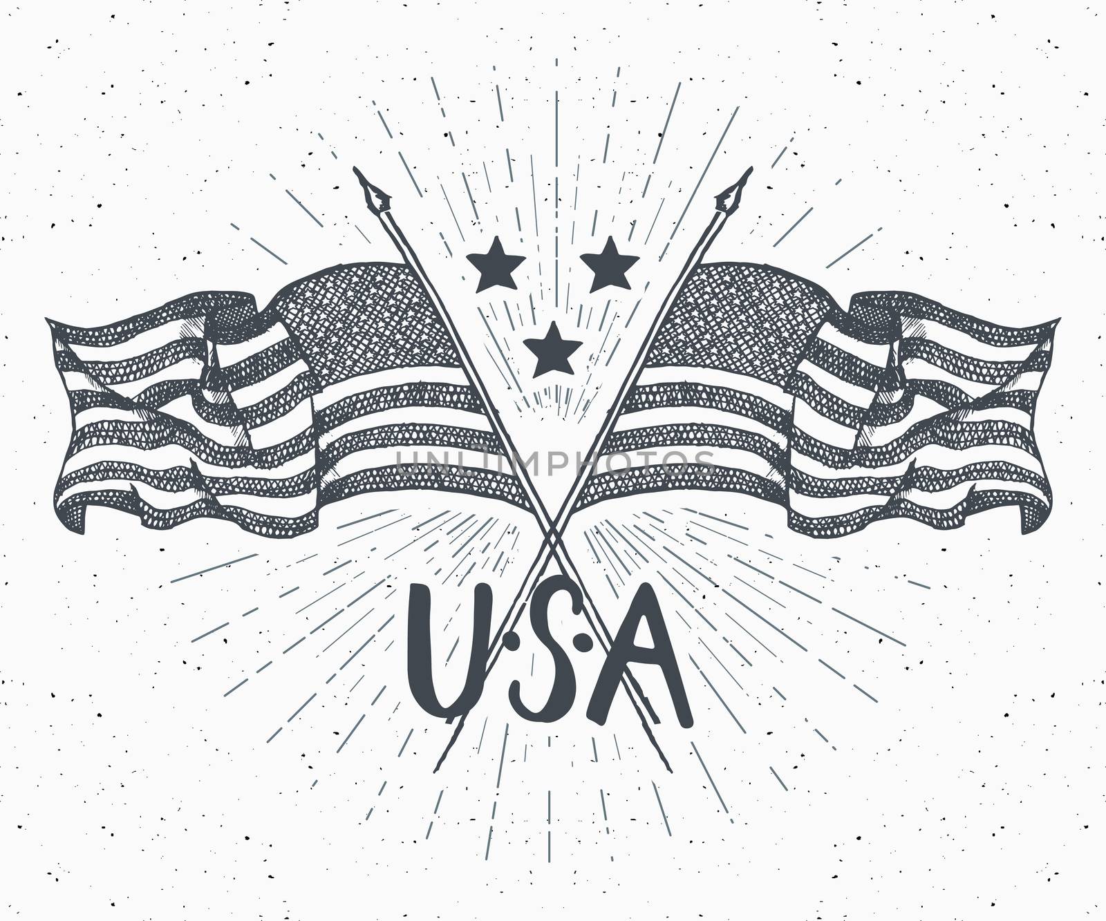 Vintage label, Hand drawn crossed USA flags, Happy Independence Day, fourth of july celebration, greeting card, grunge textured retro badge, typography design vector illustration by Lemon_workshop