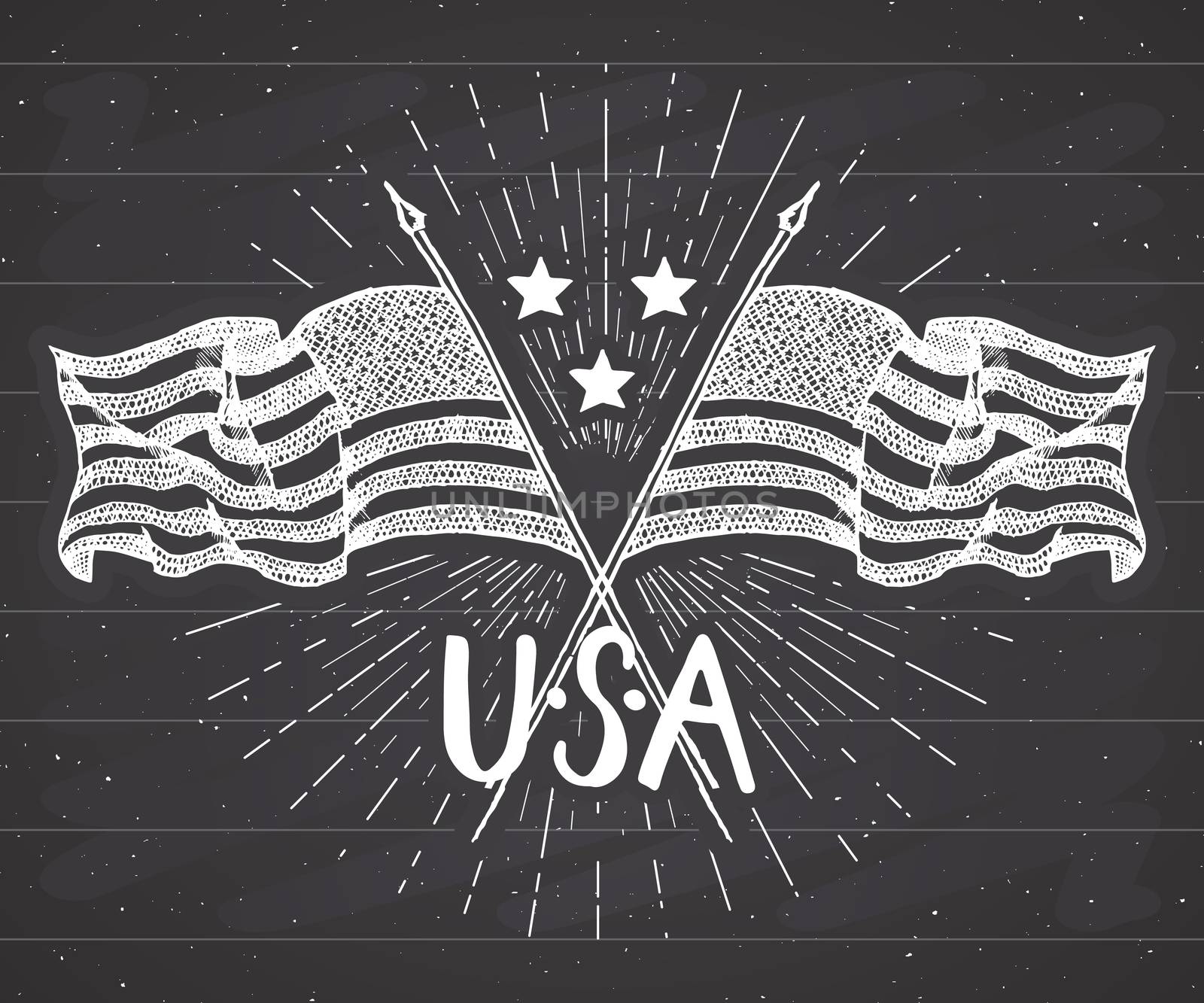 Vintage label, Hand drawn crossed USA flags, Happy Independence Day, fourth of july celebration, greeting card, grunge textured retro badge, typography design vector illustration on chalkboard. by Lemon_workshop