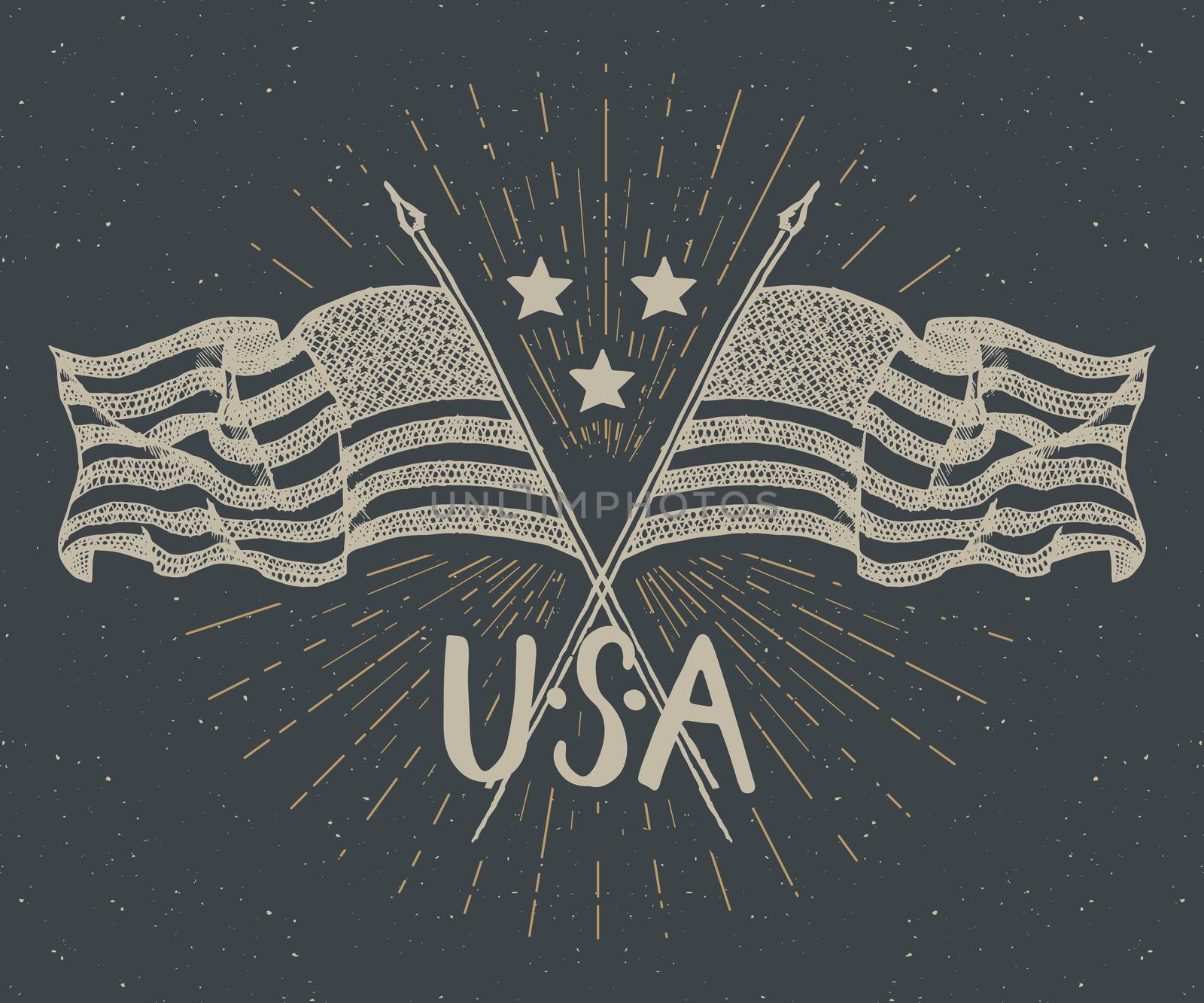 Vintage label, Hand drawn crossed USA flags, Happy Independence Day, fourth of july celebration, greeting card, grunge textured retro badge, typography design vector illustration.