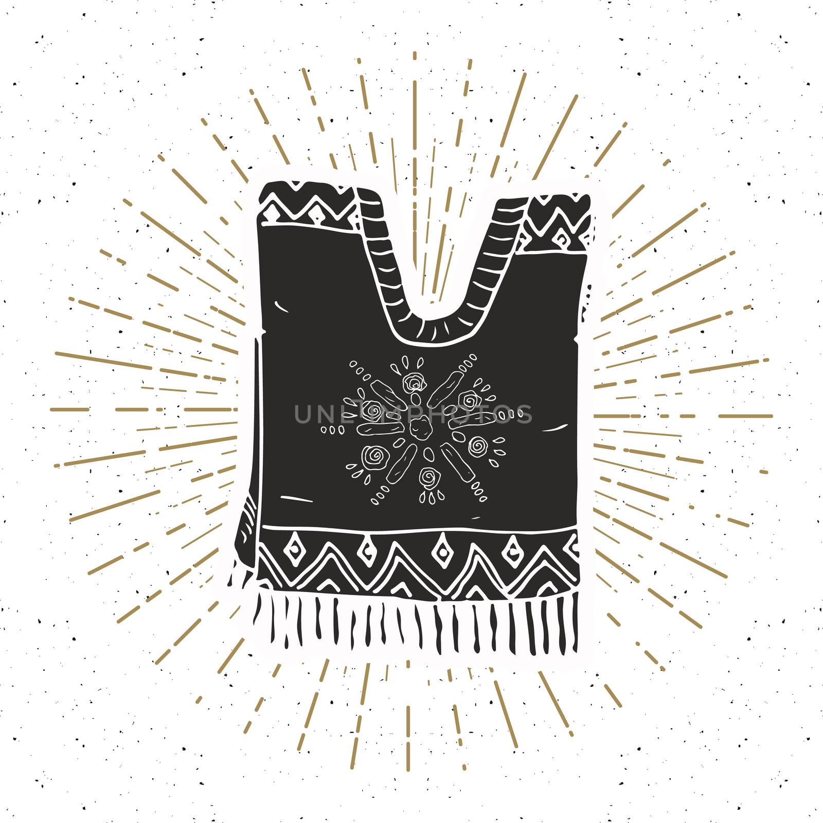Vintage label, Hand drawn poncho mexican traditional clothing sketch, grunge textured retro badge, emblem design, typography t-shirt print, vector illustration by Lemon_workshop