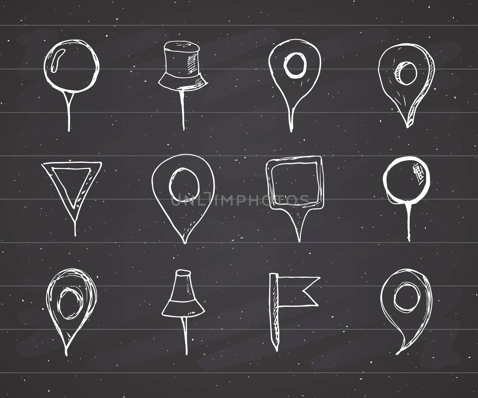 Map pointers hand drawn sketch set, navigation pins doodle vector illustration on chalkboard background.