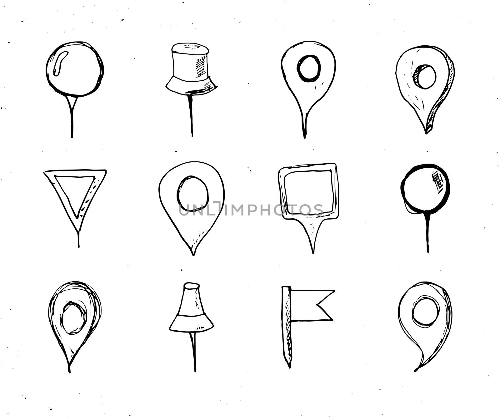 Map pointers hand drawn sketch set, navigation pins doodle vector illustration isolated on white background.