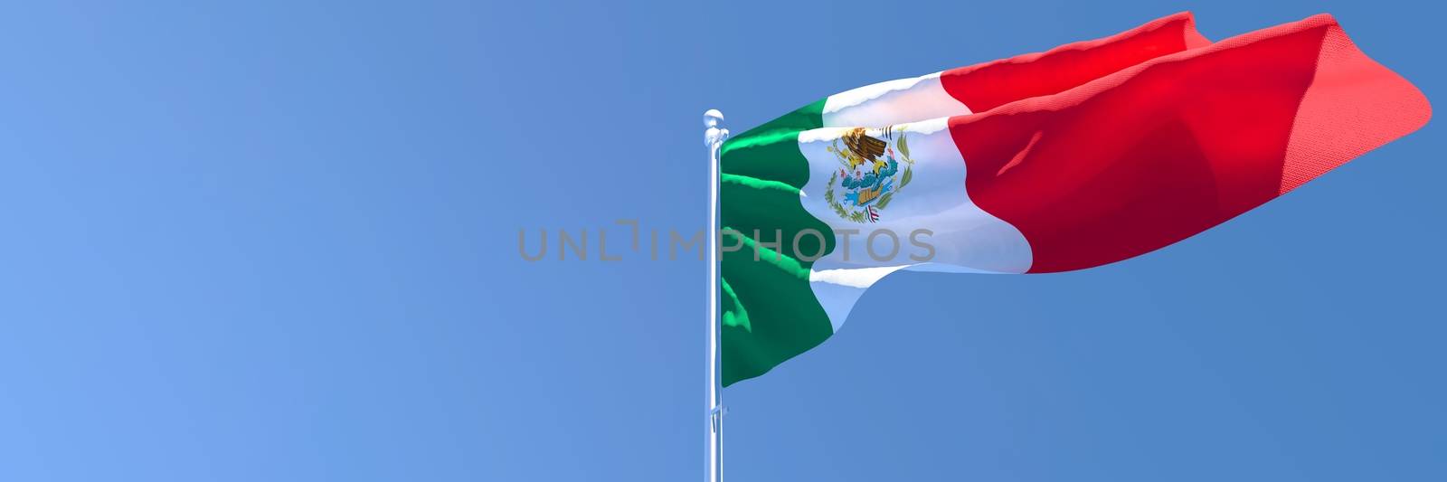 3D rendering of the national flag of Mexico waving in the wind against a blue sky