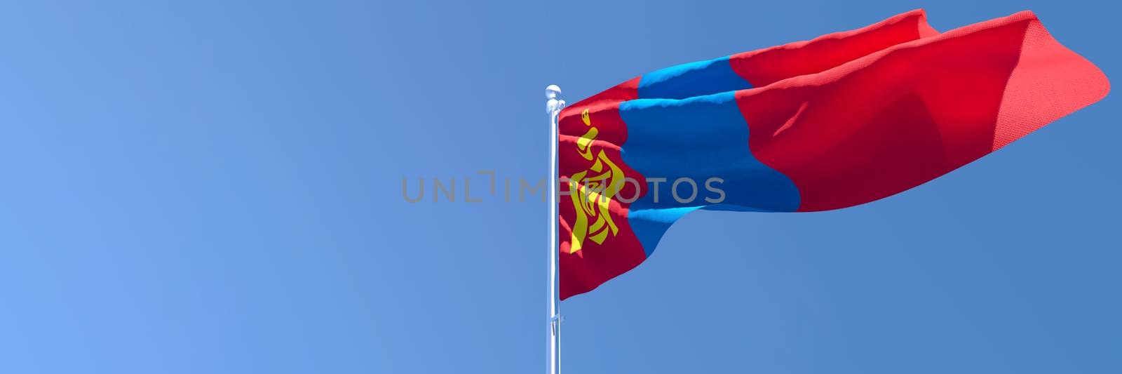 3D rendering of the national flag of Mongolia waving in the wind against a blue sky