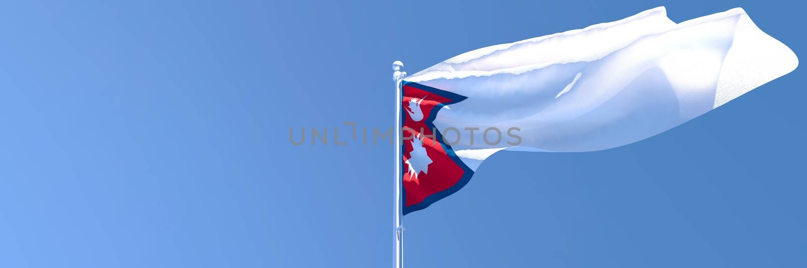 3D rendering of the national flag of Nepal waving in the wind against a blue sky