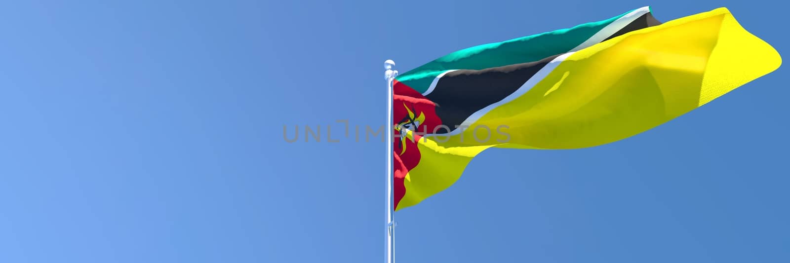 3D rendering of the national flag of Mozambique waving in the wind against a blue sky