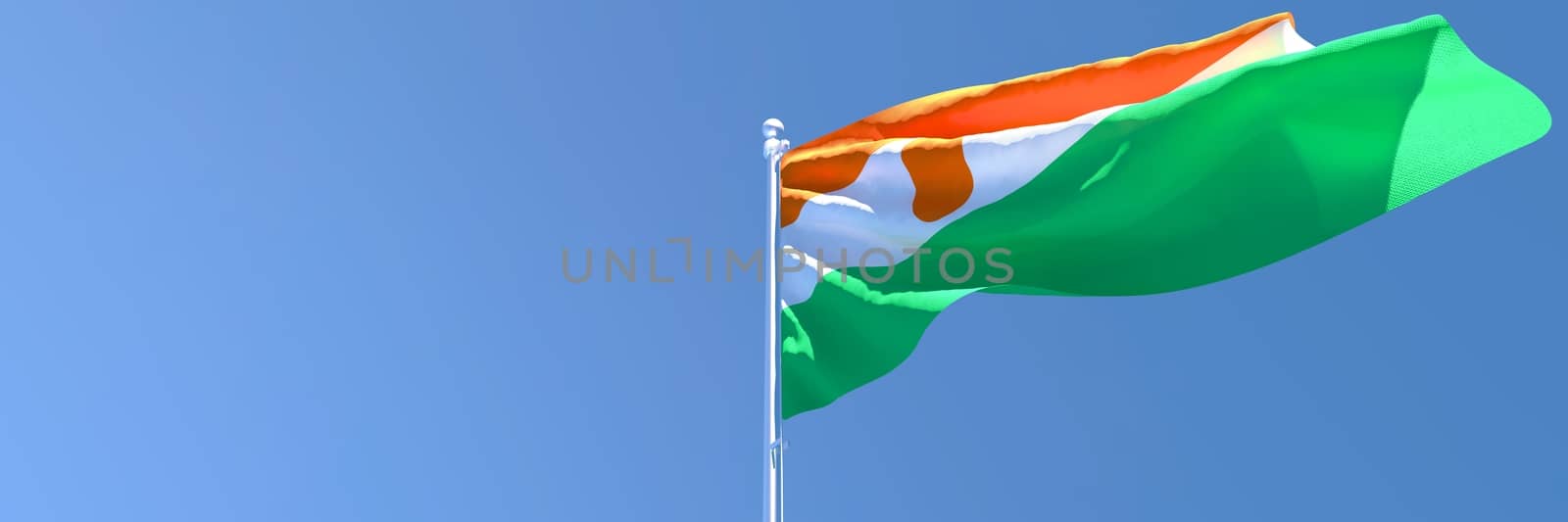 3D rendering of the national flag of Niger waving in the wind against a blue sky