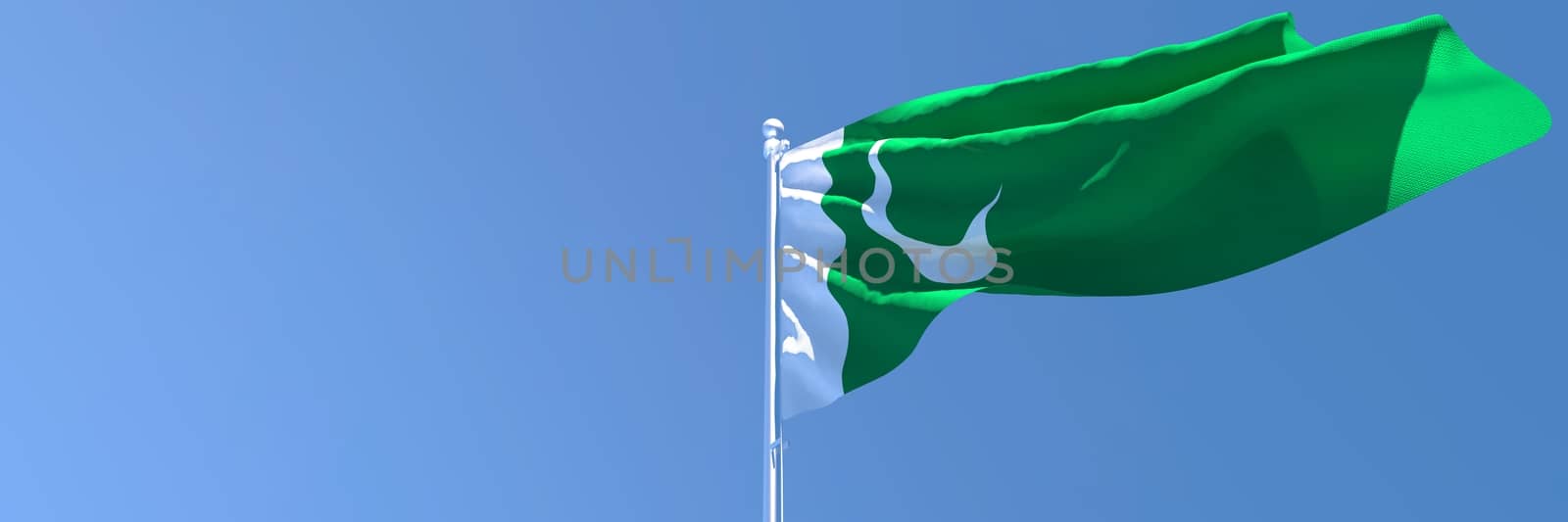 3D rendering of the national flag of Pakistan waving in the wind against a blue sky