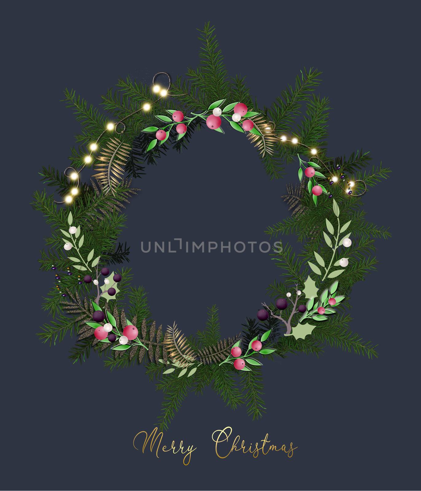 Christmas Wreath. Elegant trendy floral design of Wreath, lights and decorations. Gold text Merry Christmas over blue background. Greetings, 2021 invitation, flyer, brochure, cover. 3D illustration