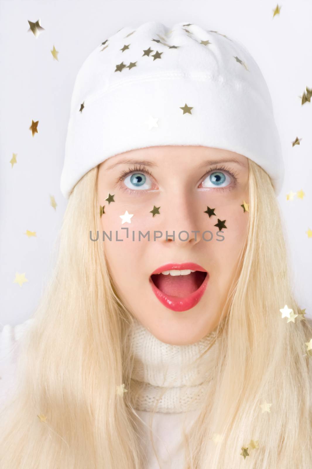 Cheerful blonde model in Christmas time, woman with positive emotion in winter season for shopping sale and holiday brand by Anneleven