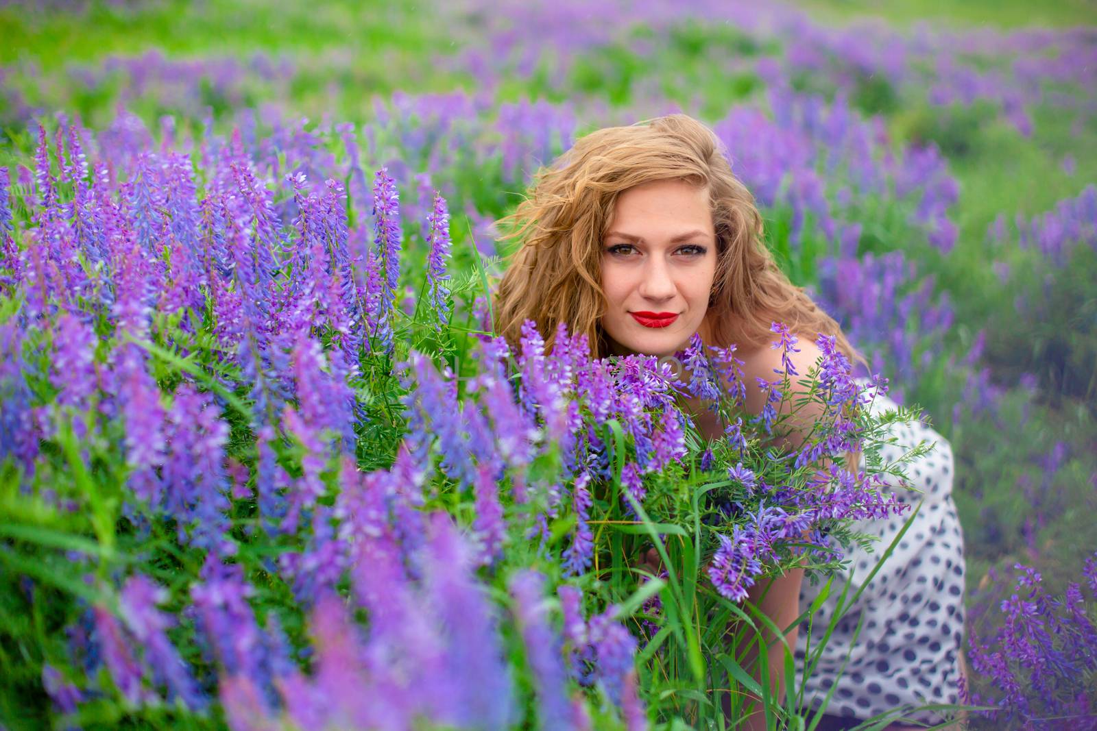 Beautiful young blonde girl in a green field among purple wildflowers. Wildlife beautiful girl.