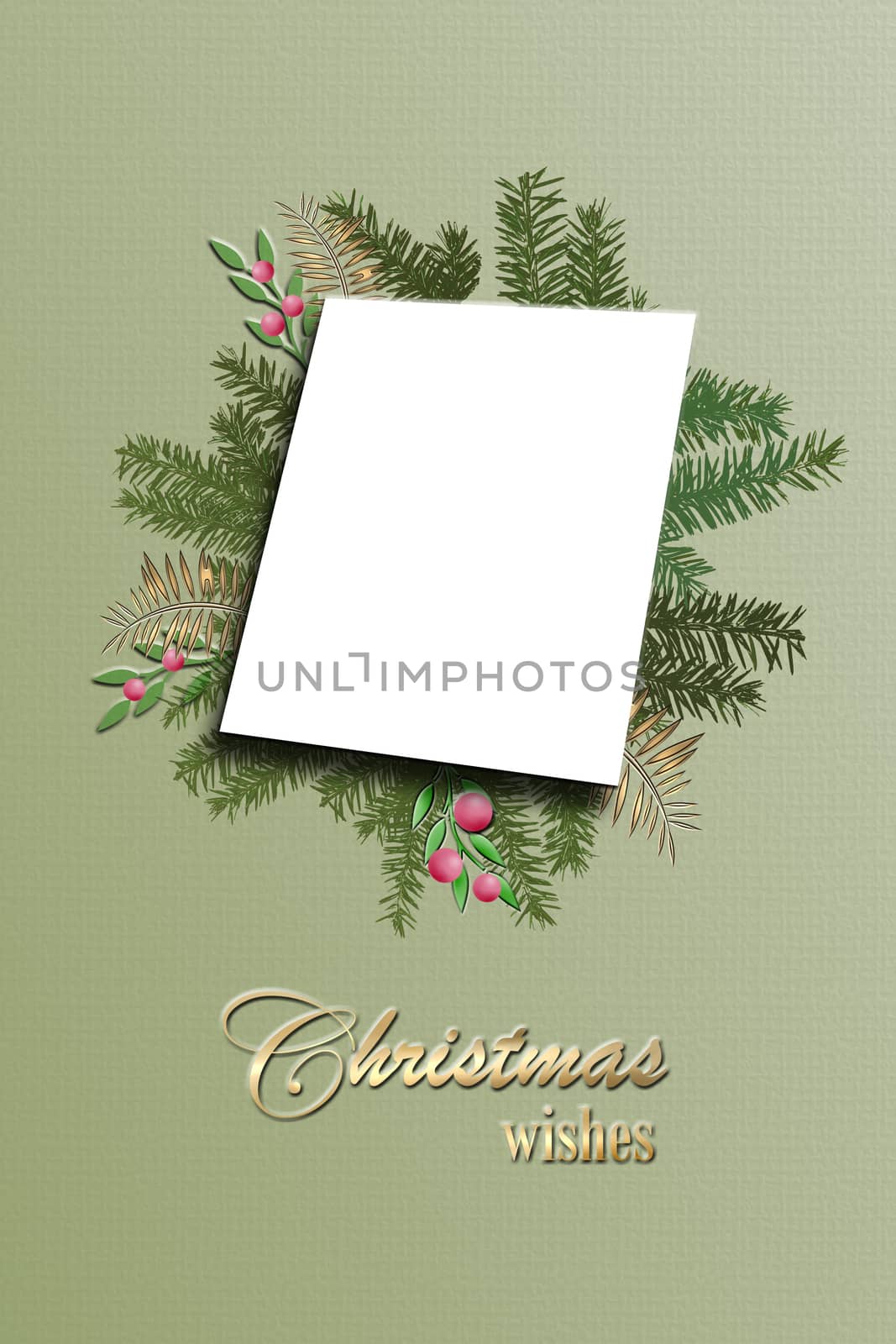 Elegant Merry Christmas abstract green foliage garland with paper frame banner in pastel colors. Beautiful modern festive greeting design. Flat lay, mockup. Gold text Christmas wishes. 3D illustration