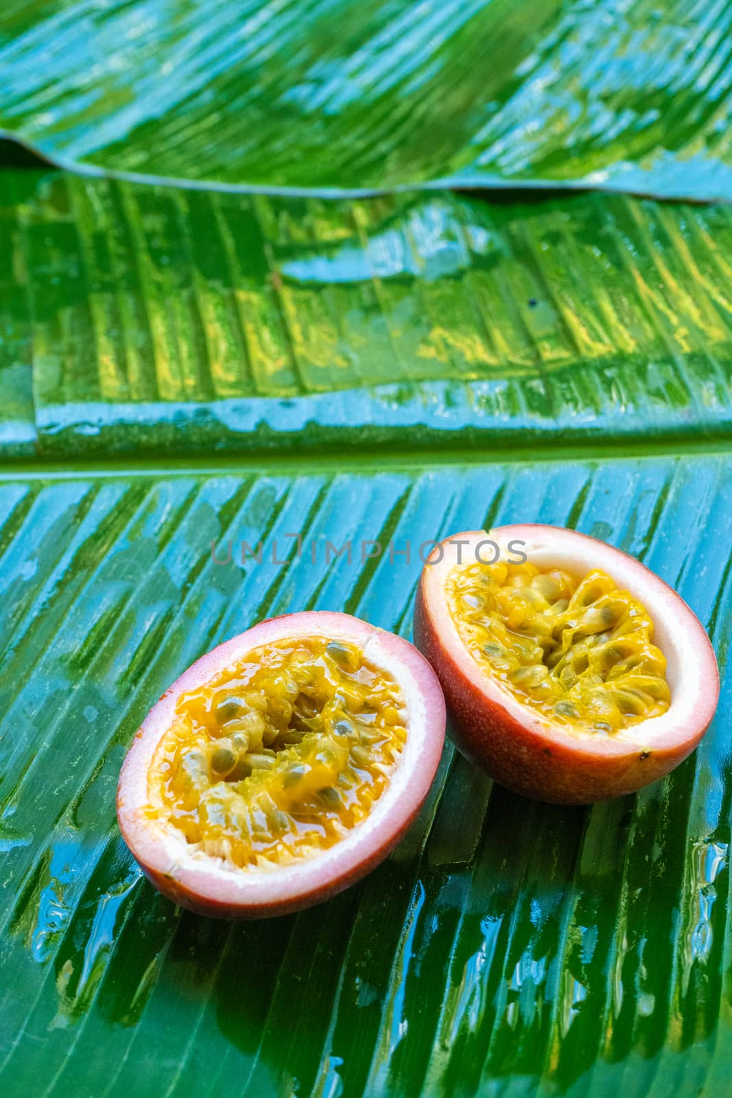 Ripe passion fruit, on a wet banana leaf. Vitamins, fruits, healthy foods.