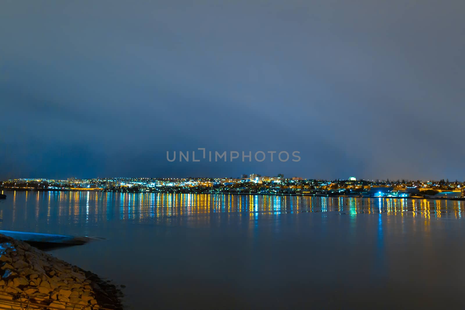 Night photo of Reykjavik city beach. Waterfront lights by Try_my_best