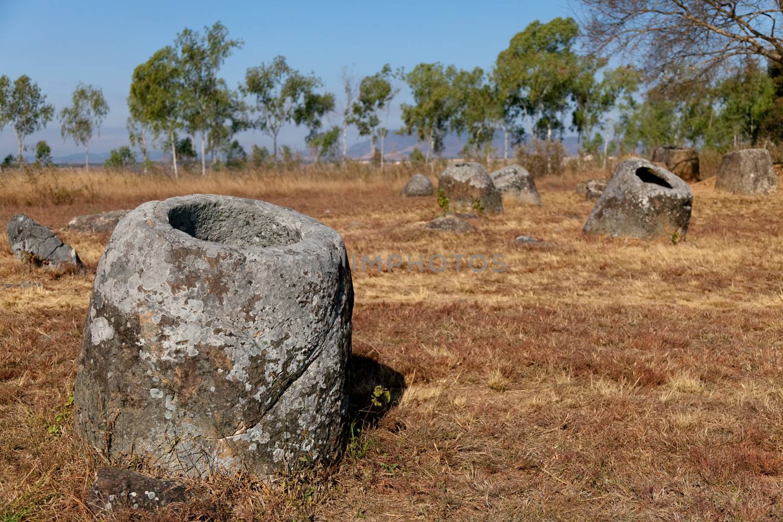 Plain of Jars, Phonsavan, Laos, historic site, the landscape of this area is dotted with hundreds of mysterious stone vessels or jars more than 2000 years old. Also the site of extensive bombing by America in the Vietnam War High quality photo