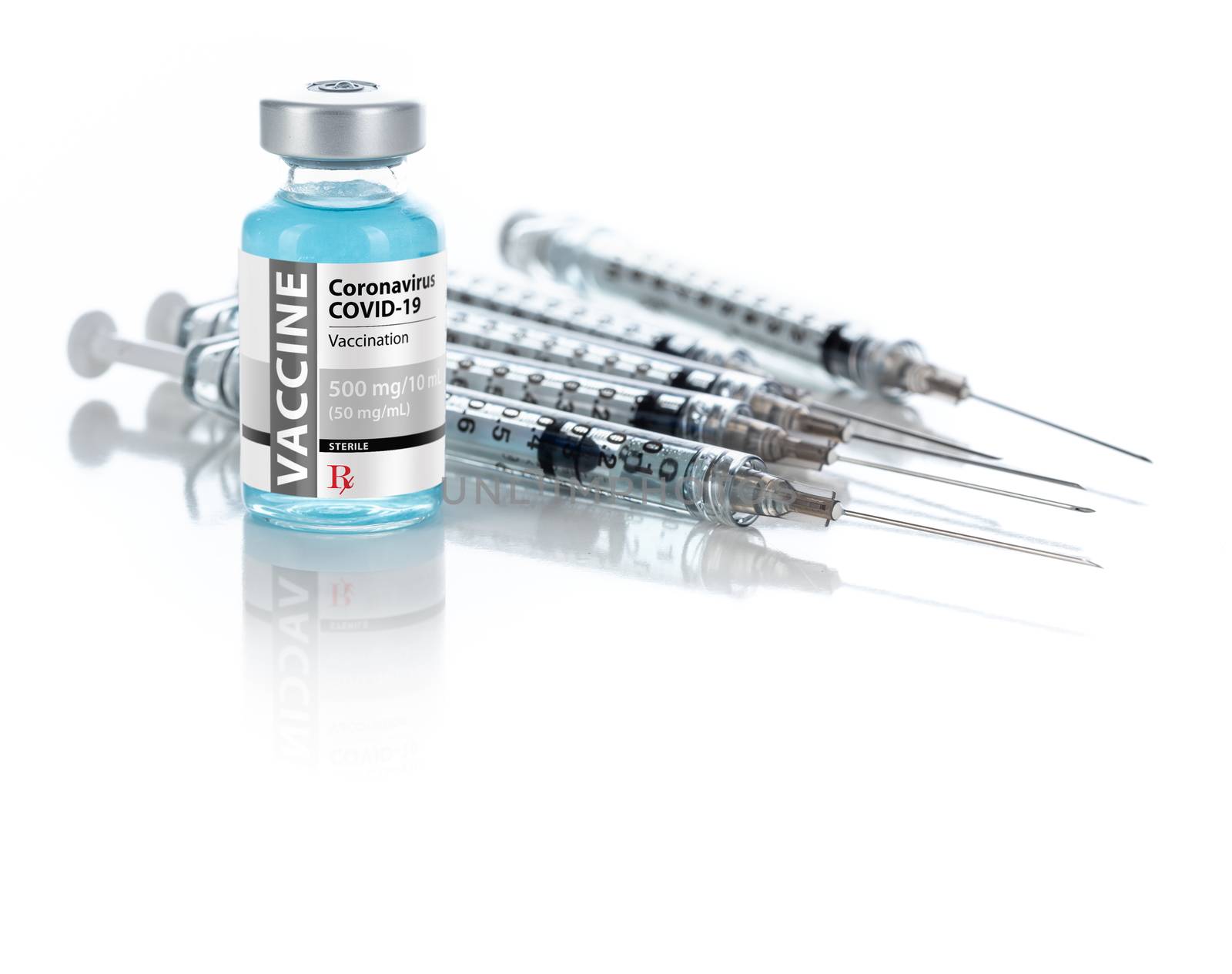 Coronavirus COVID-19 Vaccine Vial and Several Syringes On Reflec by Feverpitched
