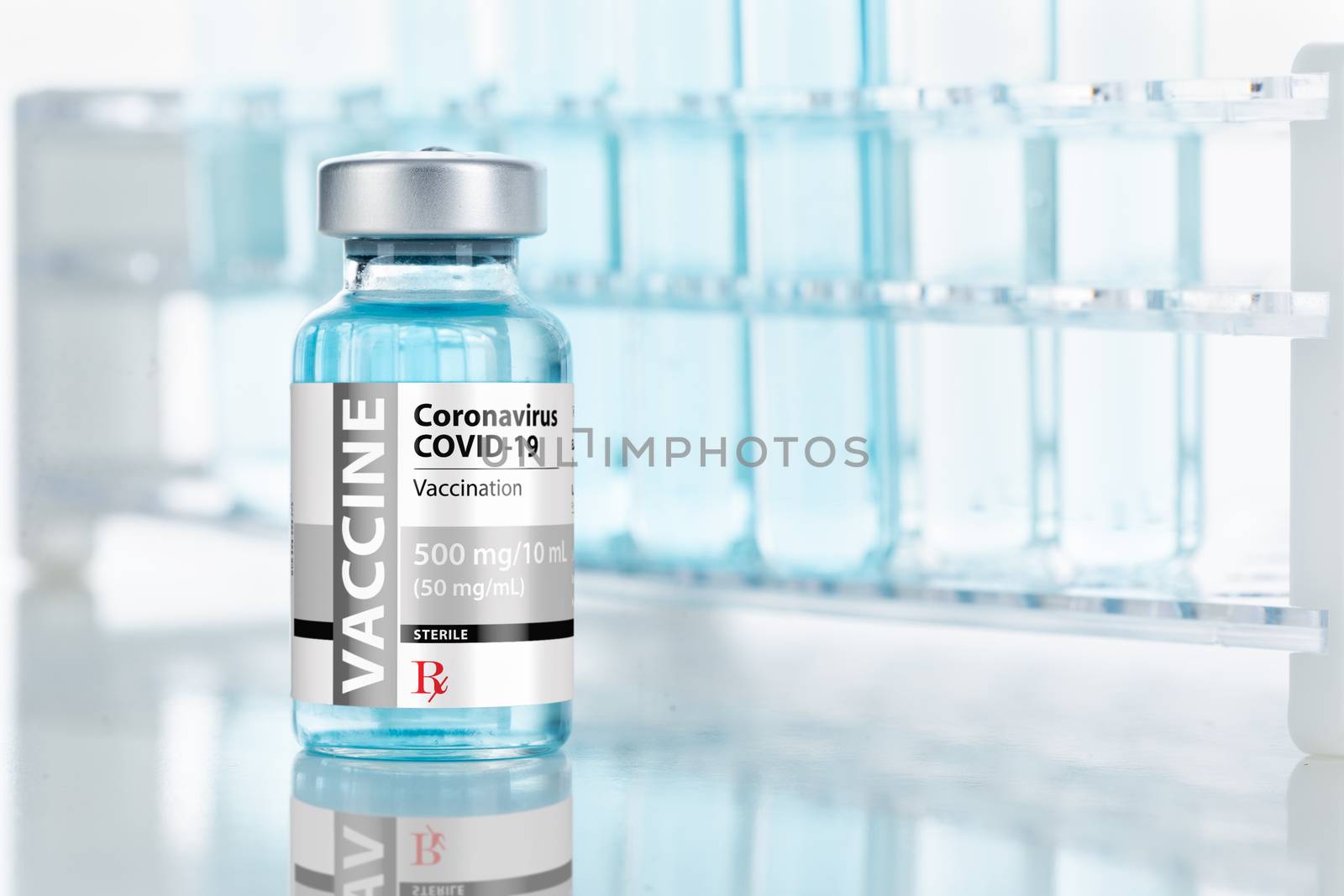 Coronavirus COVID-19 Vaccine Vial Near Test Tubes On Reflective Surface.