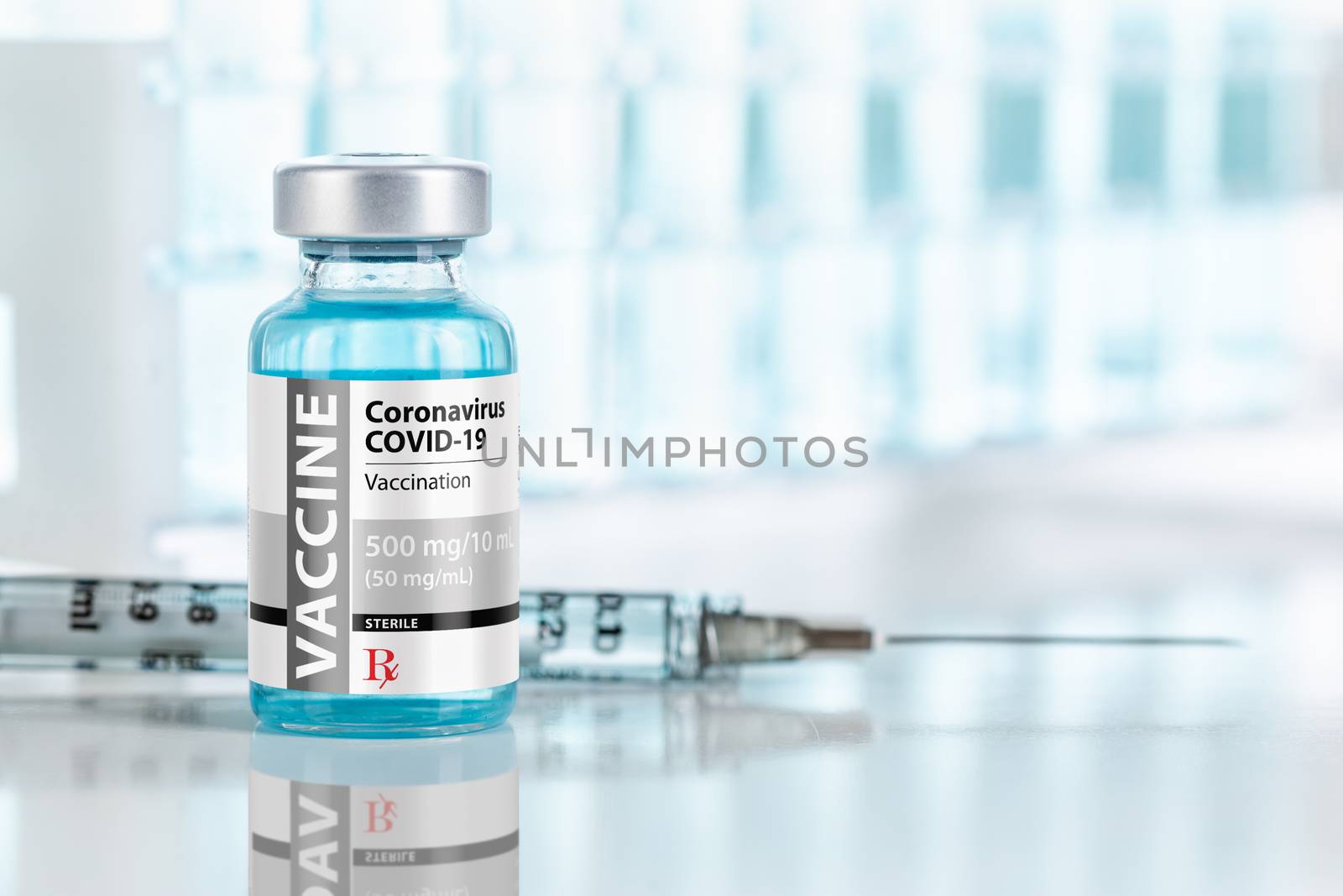 Coronavirus COVID-19 Vaccine Vial and Syringes On Reflective Surface Near Test Tubes.