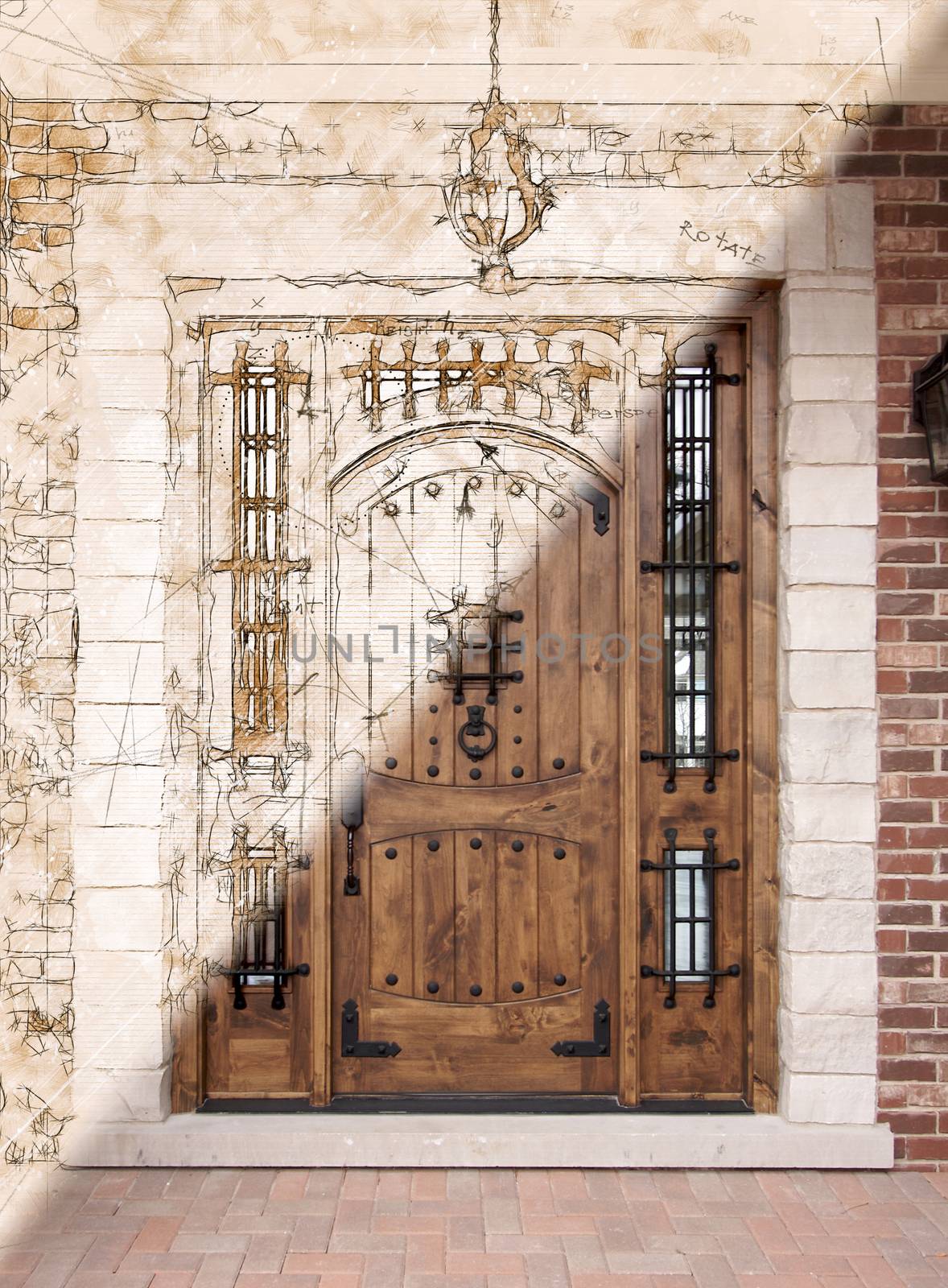 Artist Rendering Sketch of Beautiful Luxury Residential Front Door with Photographic Cross Section Showing Completion.