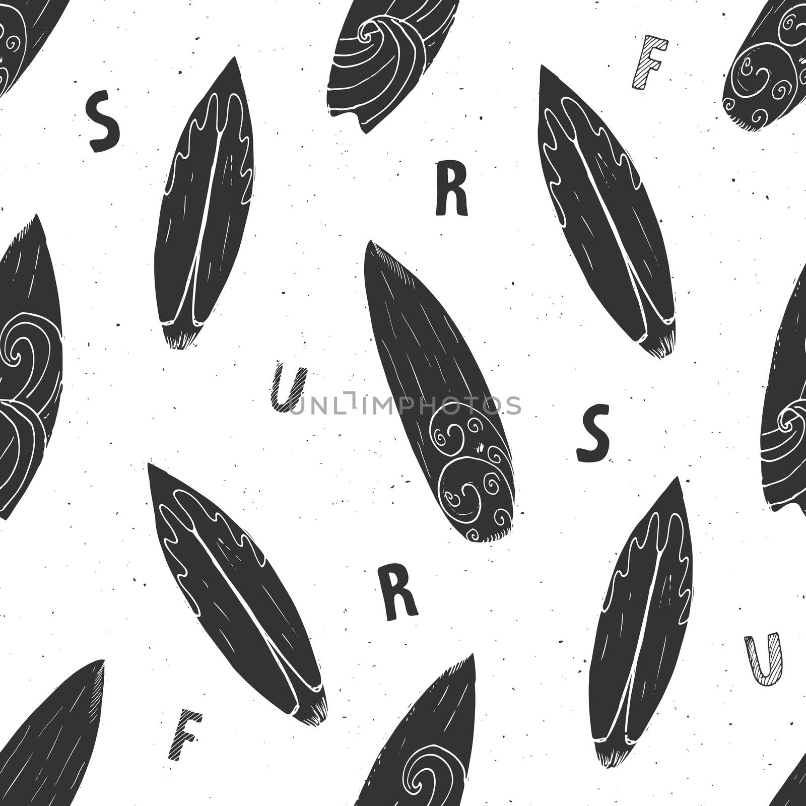 Surf boards seamless pattern hand drawn sketch background, typography design, monochrome vector illustration.