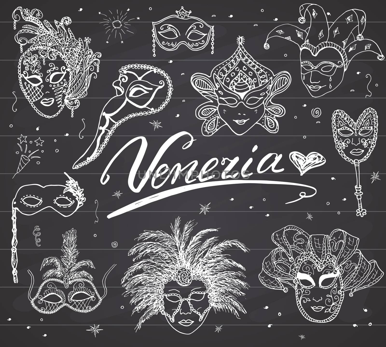 Venice Italy sketch carnival venetian masks Hand drawn set. Drawing doodle collection on chalkboad background