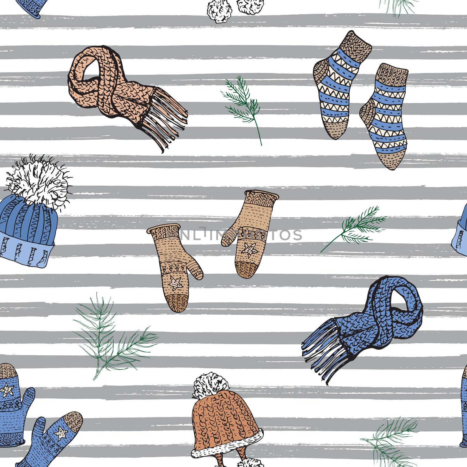 Winter season doodle clothes seamless pattern. Hand drawn sketch elements warm socks, gloves and hats. striped vector background illustration