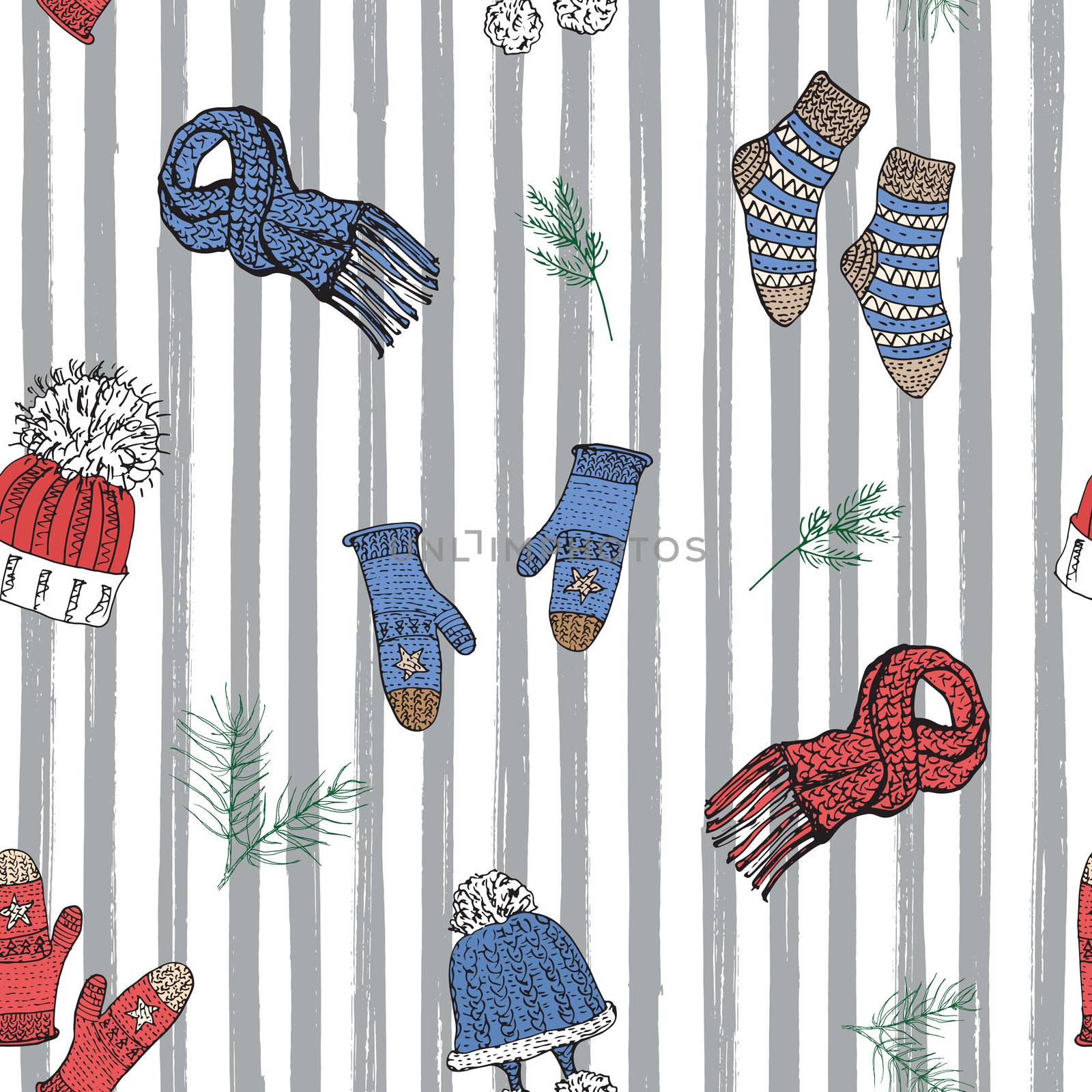 Winter season doodle clothes seamless pattern. Hand drawn sketch elements warm socks, gloves and hats. striped vector background illustration. by Lemon_workshop