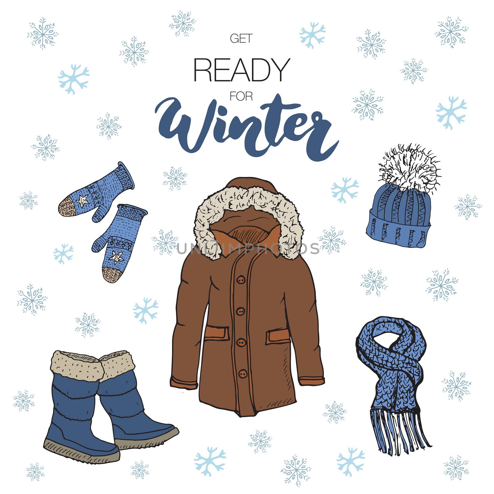 Winter season set doodle elements. Hand drawn sketch colection with boots, warm clothes, socks, gloves, coat and hat. Lettering winter. vector illustration