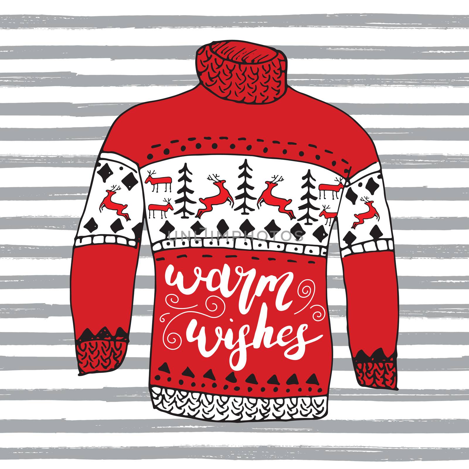 Winter season lettering warm wishes on Hand drawn warm reindeer sweater sketch. Vector illustration. by Lemon_workshop
