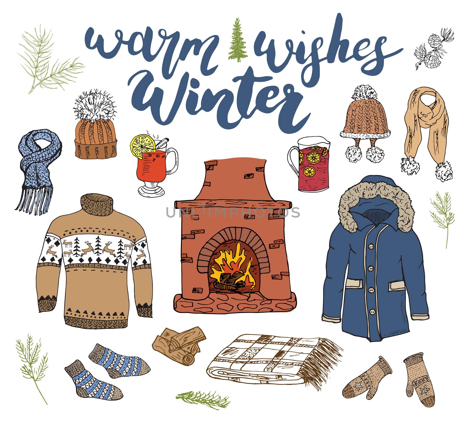 Winter season set doodle elements. Hand drawn sketch collection with fireplace, glass of hot wine, boots, clothes, warm blanket, socks, gloves and hats. Lettering warm winter wishes. vector illustration