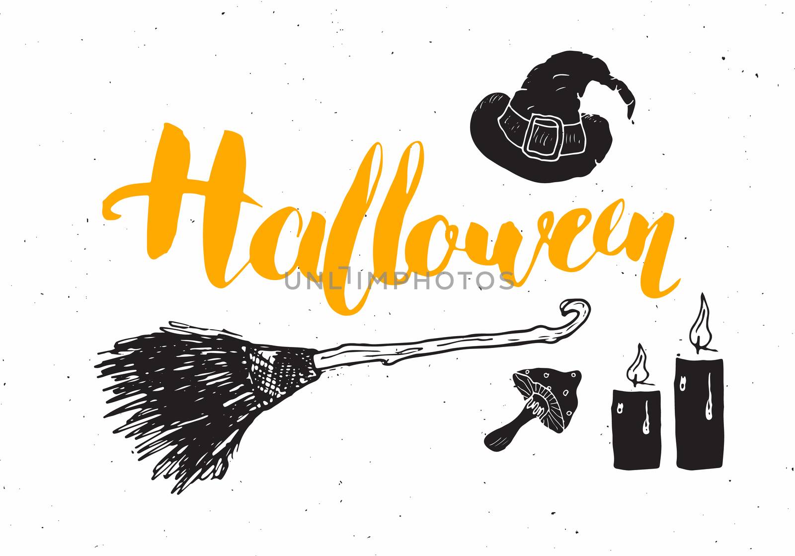 Halloween greeting card. Lettering calligraphy sign and hand drawn elements, party invitation or holiday banner design vector illustration.