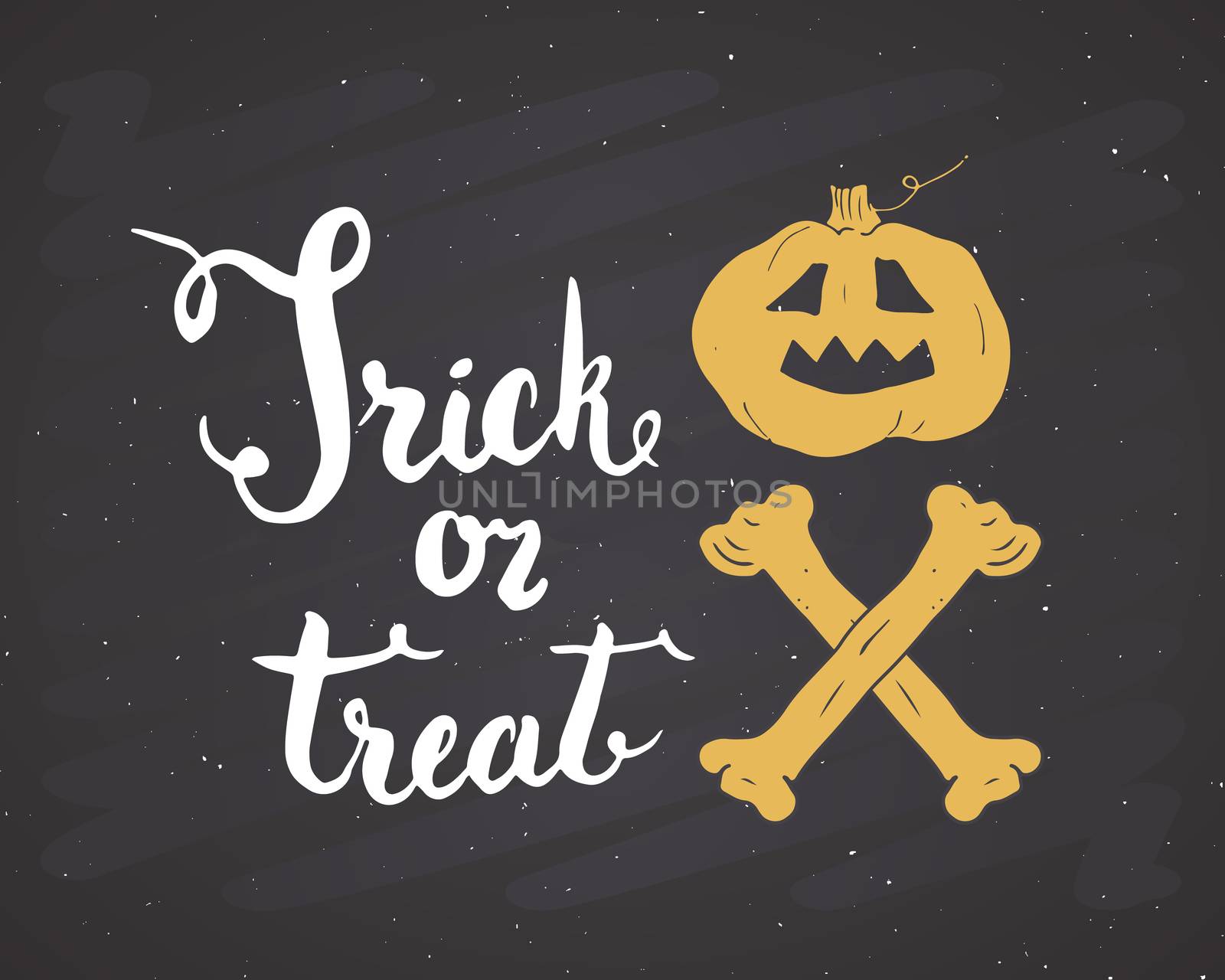 Halloween greeting card. Lettering calligraphy sign and hand drawn elements, party invitation or holiday banner design vector illustration on chalkboard background.