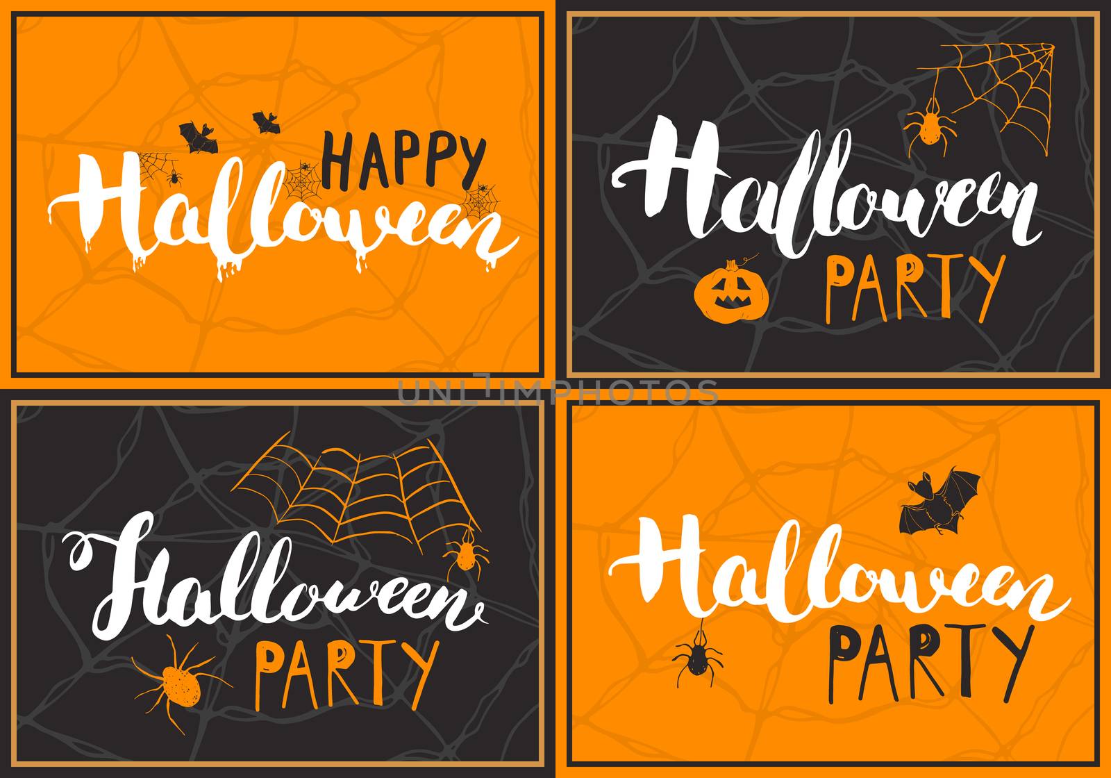 Halloween greeting cards set. Lettering calligraphy sign and hand drawn elements, party invitation or holiday banner design vector illustration.