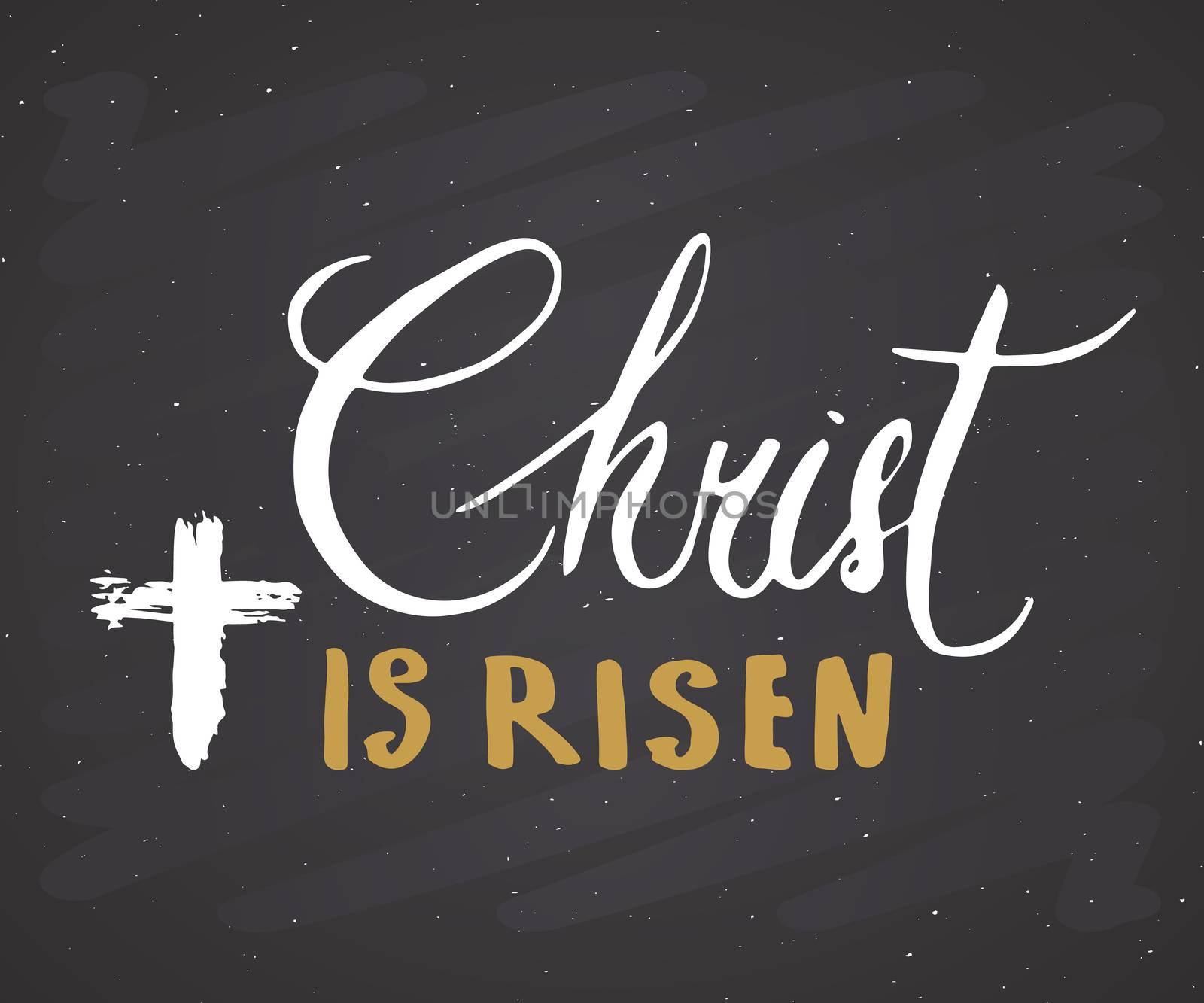 He is risen, lettering religious sign with crucifix symbol. Hand drawn Christian cross, grunge textured retro badge, Vintage label, typography design print, vector illustration on chalkboard.