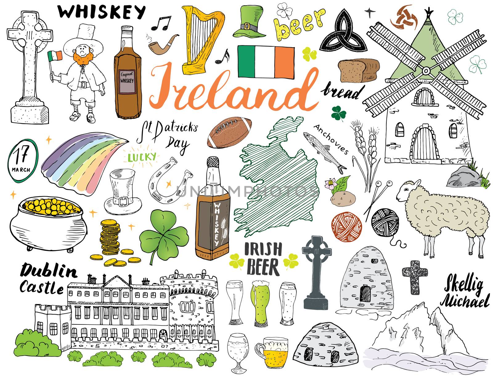 Ireland Sketch Doodles. Hand Drawn Irish Elements Set with flag and map of Ireland, Celtic Cross, Castle, Shamrock, Celtic Harp, Mill and Sheep, Whiskey Bottles and Irish Beer, Vector Illustration.